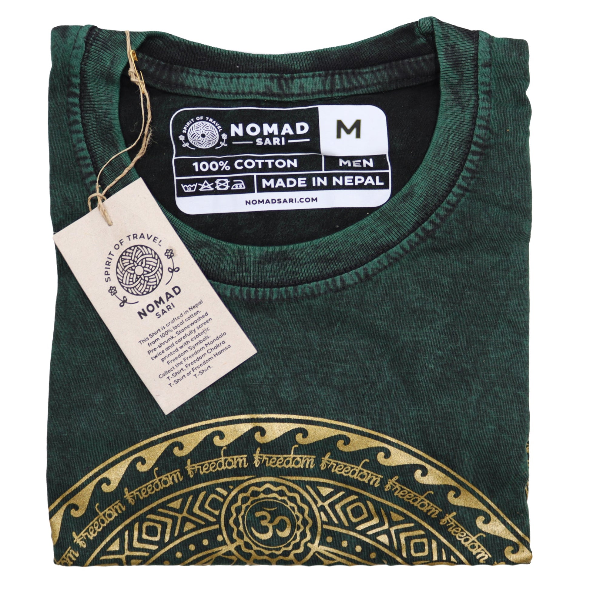 Nomad Sari Unisex Eco-Friendly 100% Cotton Stone Washed T-Shirt - Medium / Unisex / Chakra / Green product packaging on clean background from Quintessential Holistic Health Ltd