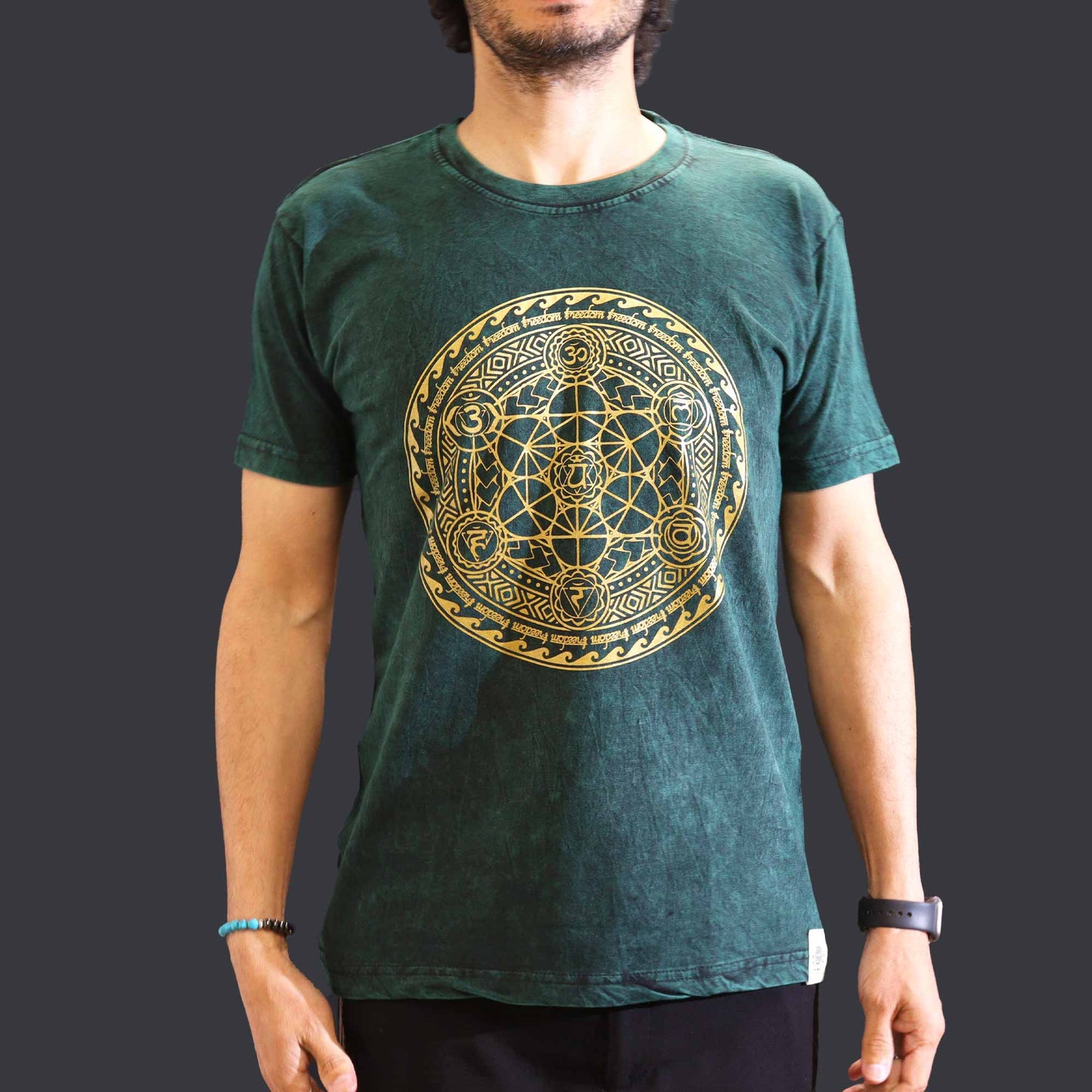 Nomad Sari Unisex Eco-Friendly 100% Cotton Stone Washed T-Shirt - Medium / Unisex / Chakra / Green product packaging on clean background from Quintessential Holistic Health Ltd