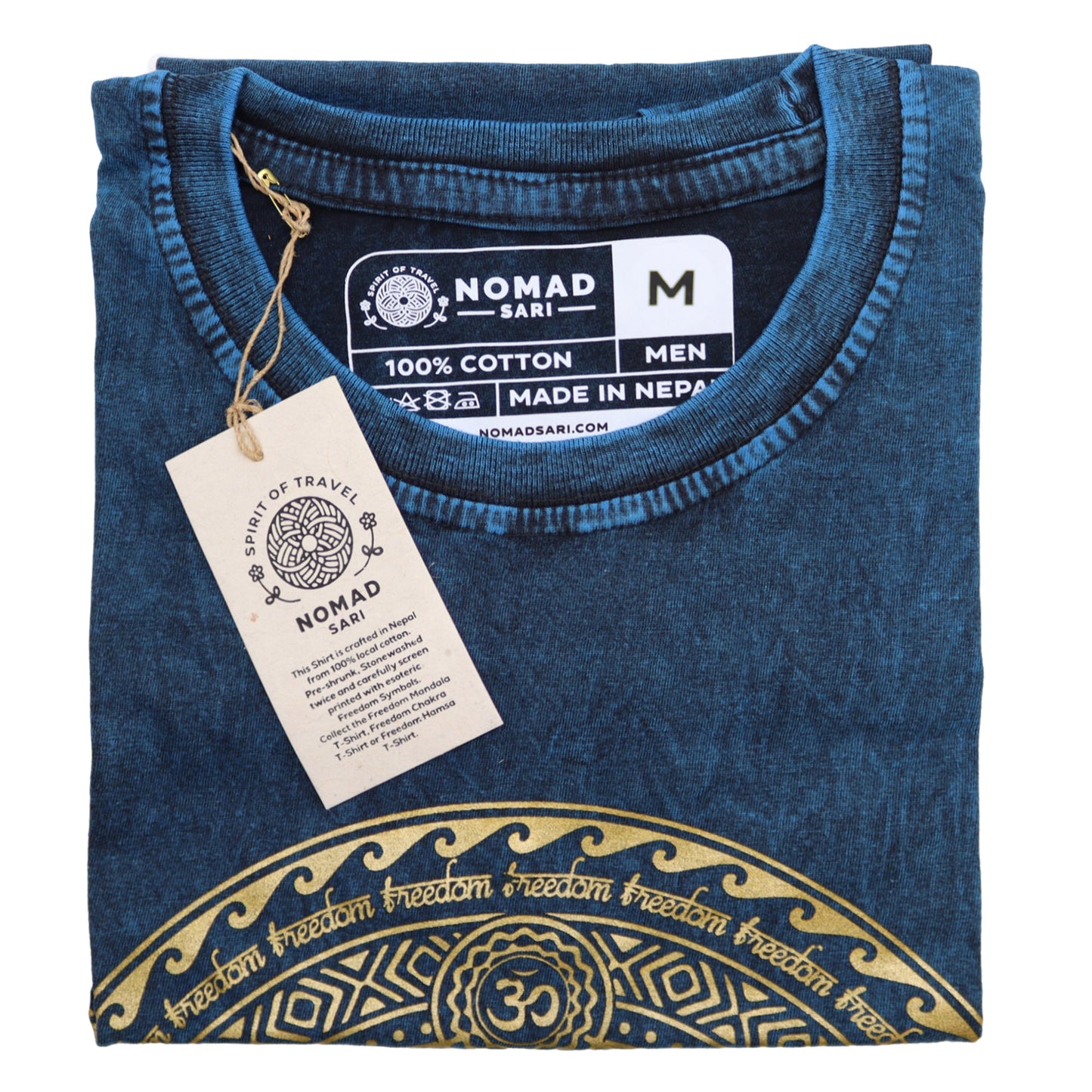Nomad Sari Unisex Eco-Friendly 100% Cotton Stone Washed T-Shirt - Medium / Unisex / Chakra / Blue product packaging on clean background from Quintessential Holistic Health Ltd