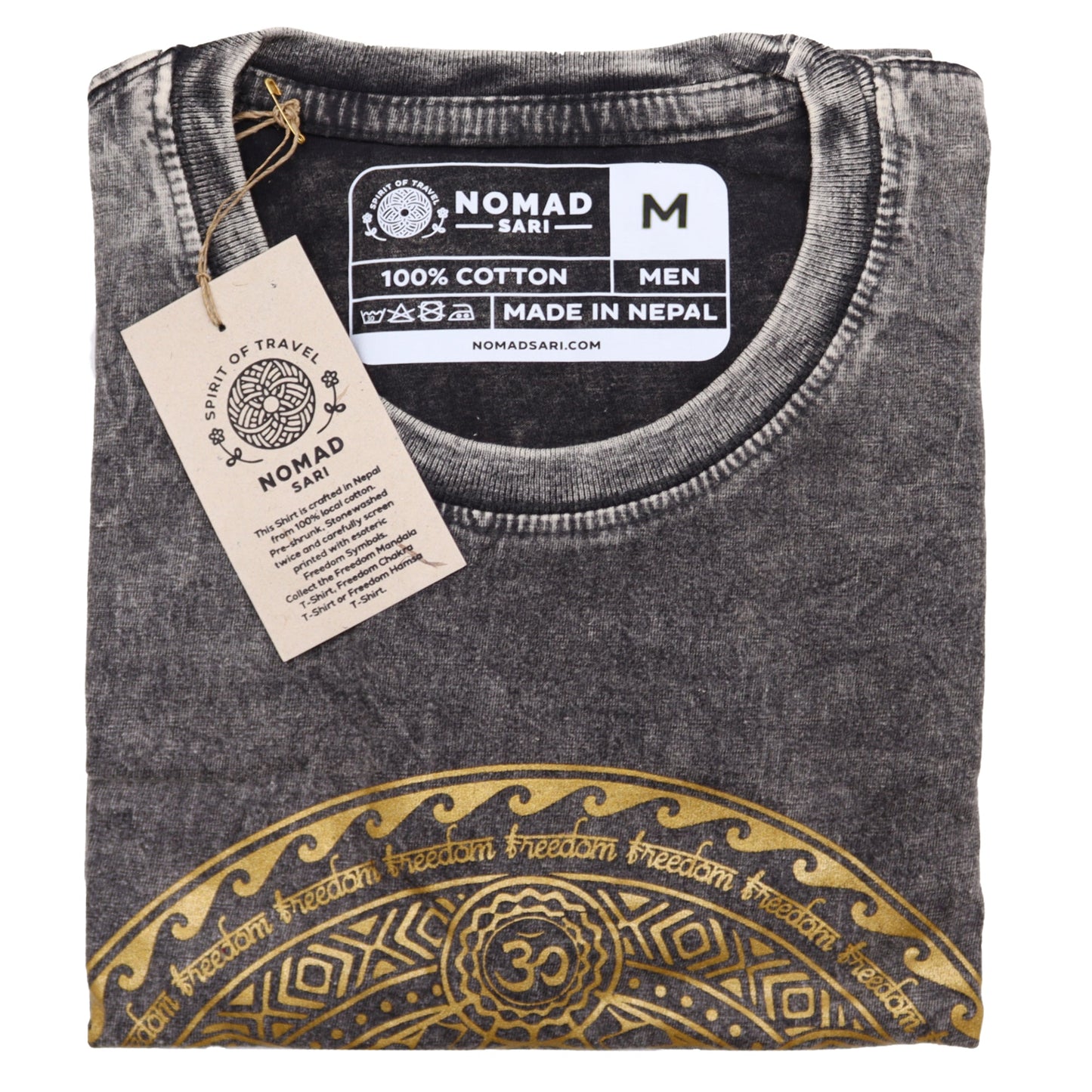 Nomad Sari Unisex Eco-Friendly 100% Cotton Stone Washed T-Shirt - Medium / Unisex / Chakra / Dark Grey product packaging on clean background from Quintessential Holistic Health Ltd