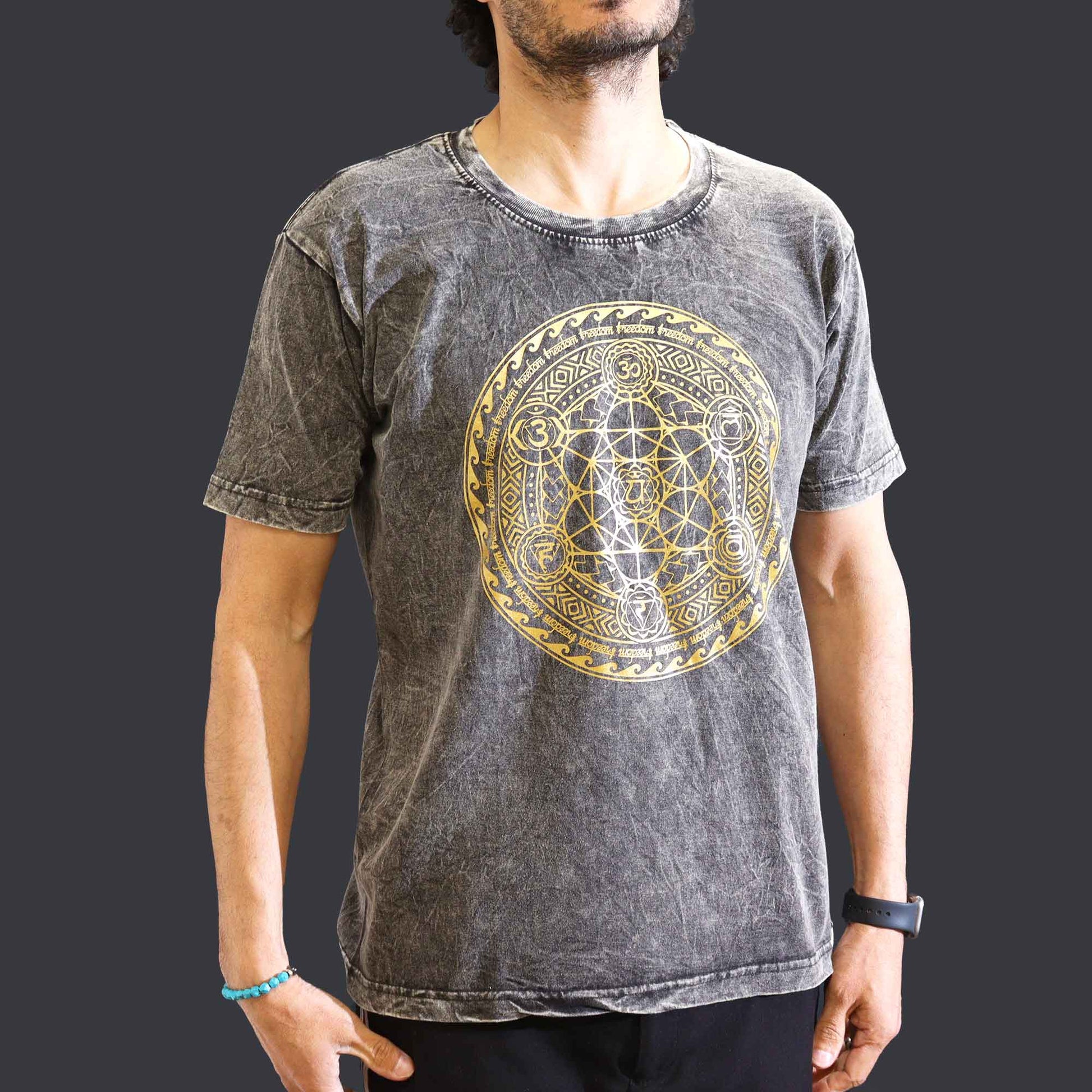 Nomad Sari Unisex Eco-Friendly 100% Cotton Stone Washed T-Shirt - Medium / Unisex / Chakra / Dark Grey product packaging on clean background from Quintessential Holistic Health Ltd