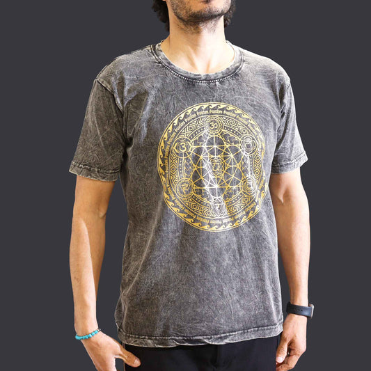 Nomad Sari Unisex Eco-Friendly 100% Cotton Stone Washed T-Shirt - Medium / Unisex / Chakra / Dark Grey product packaging on clean background from Quintessential Holistic Health Ltd