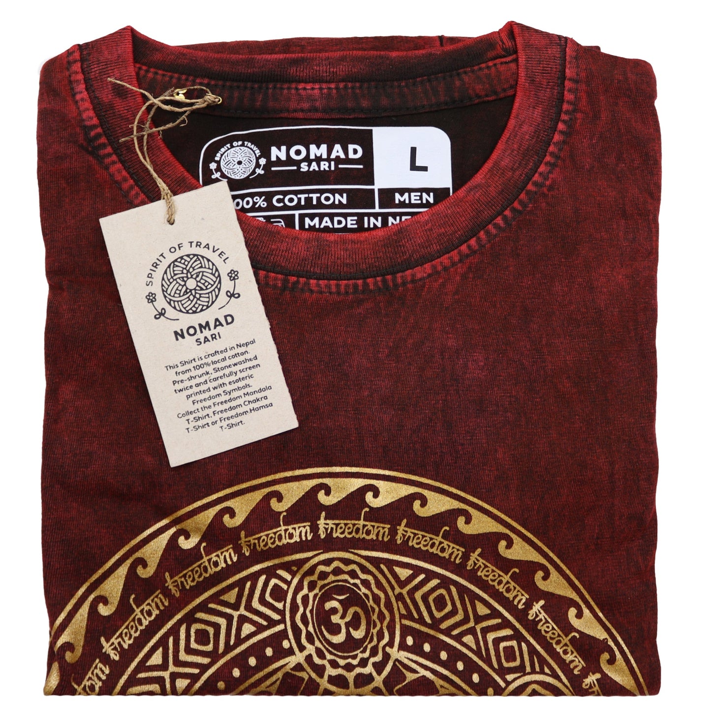 Nomad Sari Unisex Eco-Friendly 100% Cotton Stone Washed T-Shirt - Large / Unisex / Chakra / Maroon product packaging on clean background from Quintessential Holistic Health Ltd