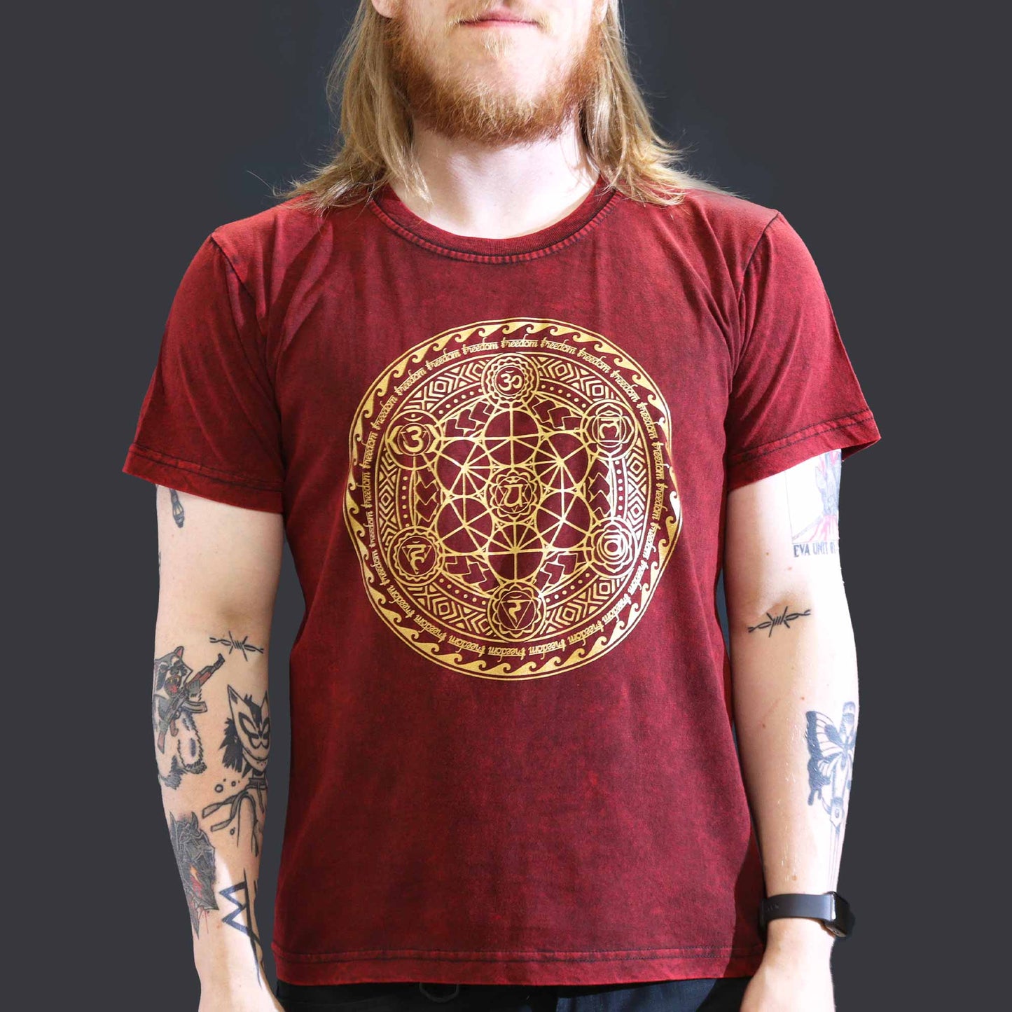 Nomad Sari Unisex Eco-Friendly 100% Cotton Stone Washed T-Shirt - Large / Unisex / Chakra / Maroon product packaging on clean background from Quintessential Holistic Health Ltd