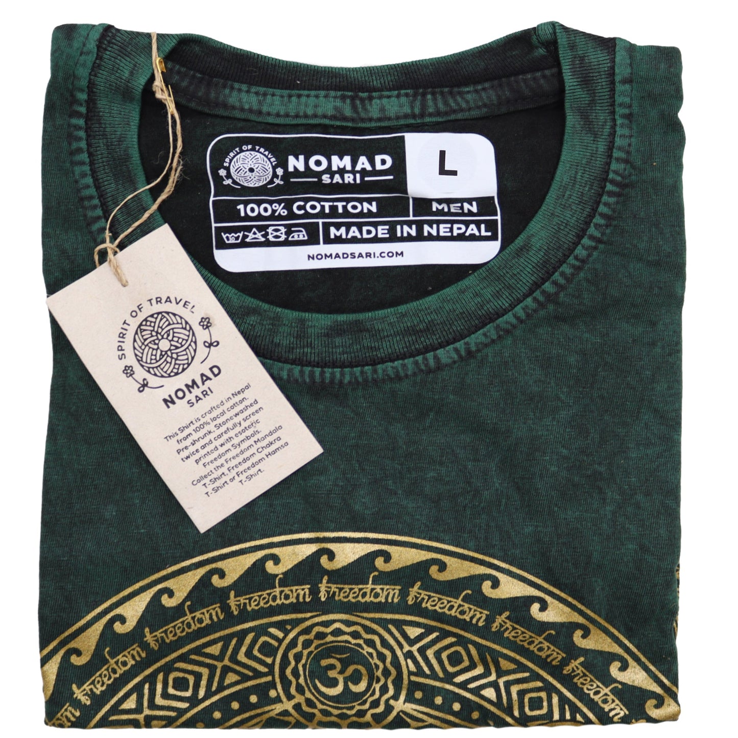 Nomad Sari Unisex Eco-Friendly 100% Cotton Stone Washed T-Shirt - Large / Unisex / Chakra / Green product packaging on clean background from Quintessential Holistic Health Ltd
