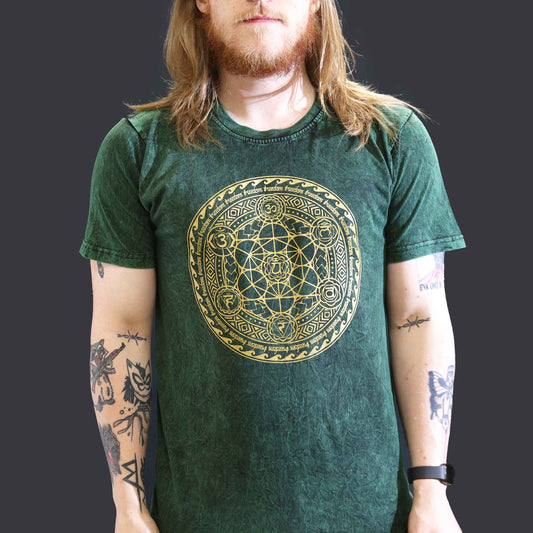 Nomad Sari Unisex Eco-Friendly 100% Cotton Stone Washed T-Shirt - Large / Unisex / Chakra / Green product packaging on clean background from Quintessential Holistic Health Ltd