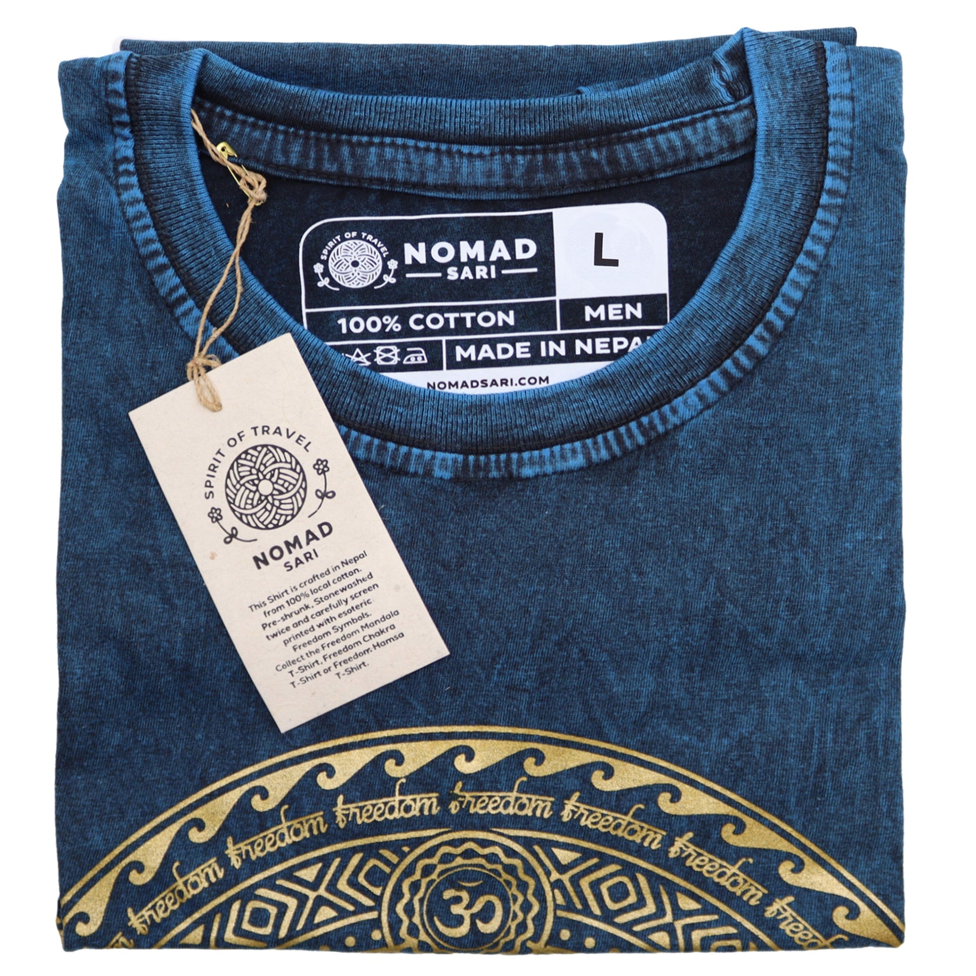 Nomad Sari Unisex Eco-Friendly 100% Cotton Stone Washed T-Shirt - Large / Unisex / Chakra / Blue product packaging on clean background from Quintessential Holistic Health Ltd