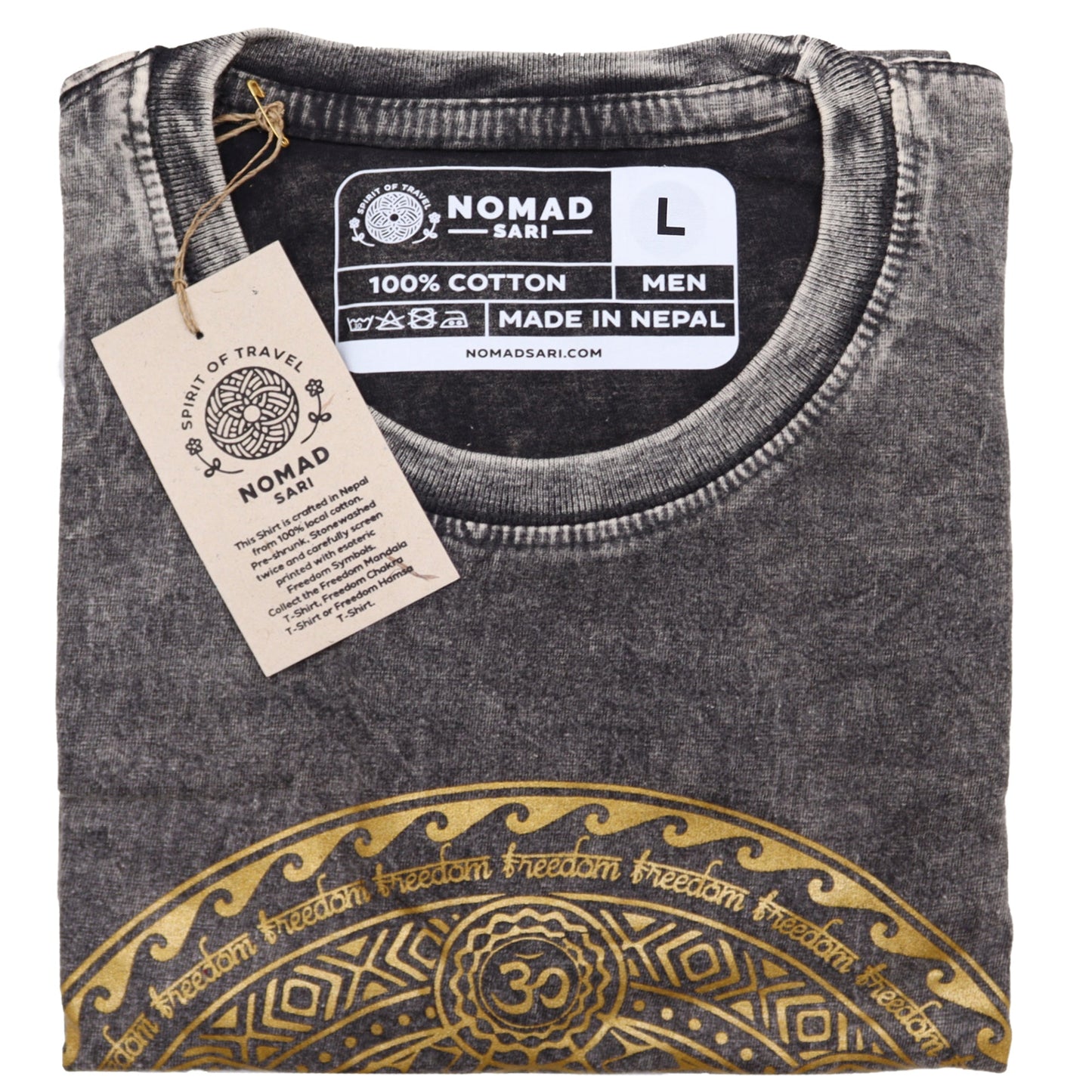 Nomad Sari Unisex Eco-Friendly 100% Cotton Stone Washed T-Shirt - Large / Unisex / Chakra / Dark Grey product packaging on clean background from Quintessential Holistic Health Ltd