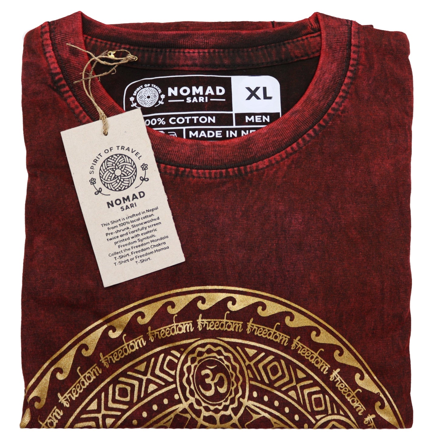 Nomad Sari Unisex Eco-Friendly 100% Cotton Stone Washed T-Shirt - Extra Large / Unisex / Chakra / Maroon product packaging on clean background from Quintessential Holistic Health Ltd