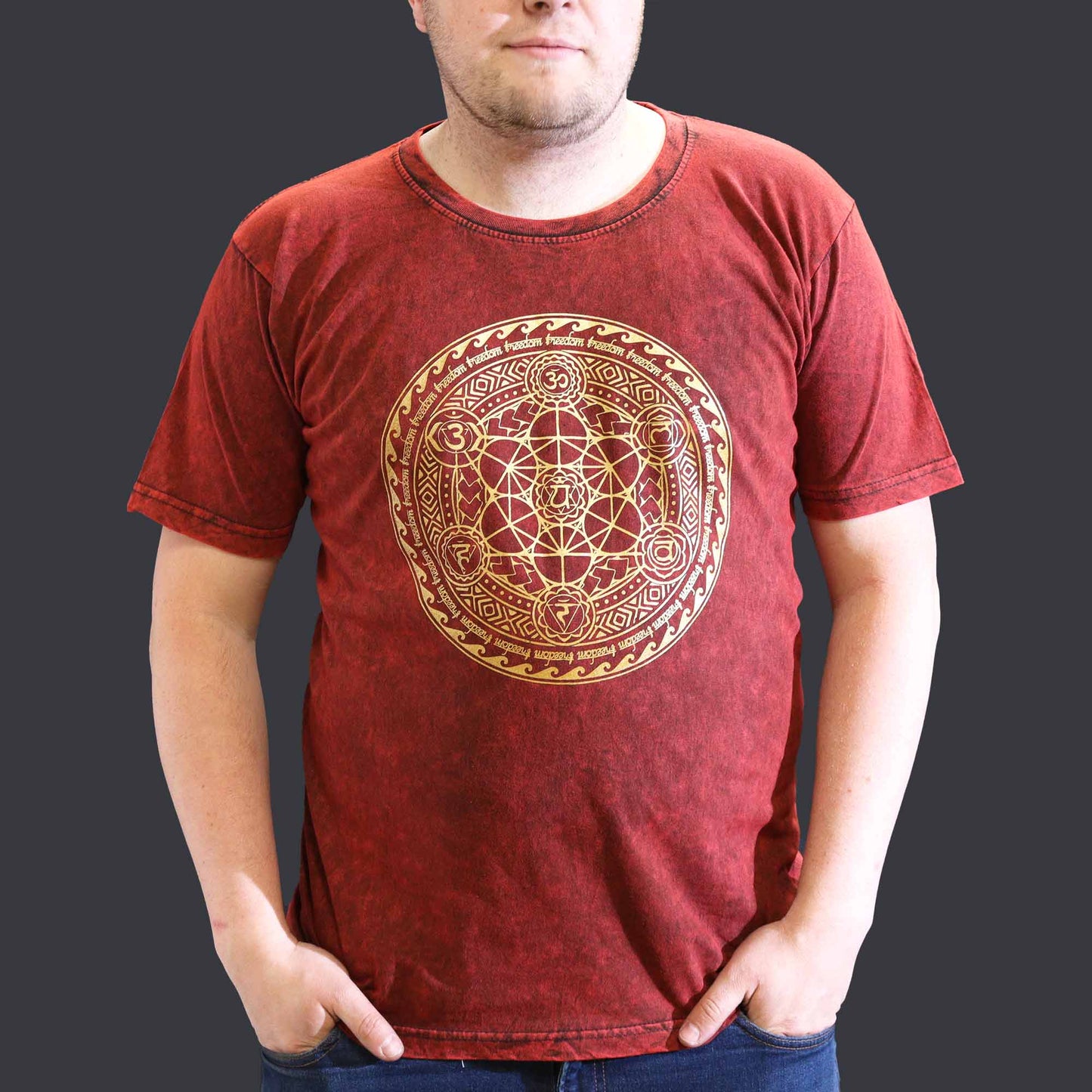 Nomad Sari Unisex Eco-Friendly 100% Cotton Stone Washed T-Shirt - Extra Large / Unisex / Chakra / Maroon product packaging on clean background from Quintessential Holistic Health Ltd
