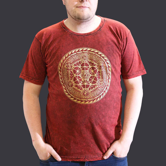 Nomad Sari Unisex Eco-Friendly 100% Cotton Stone Washed T-Shirt - Extra Large / Unisex / Chakra / Maroon product packaging on clean background from Quintessential Holistic Health Ltd