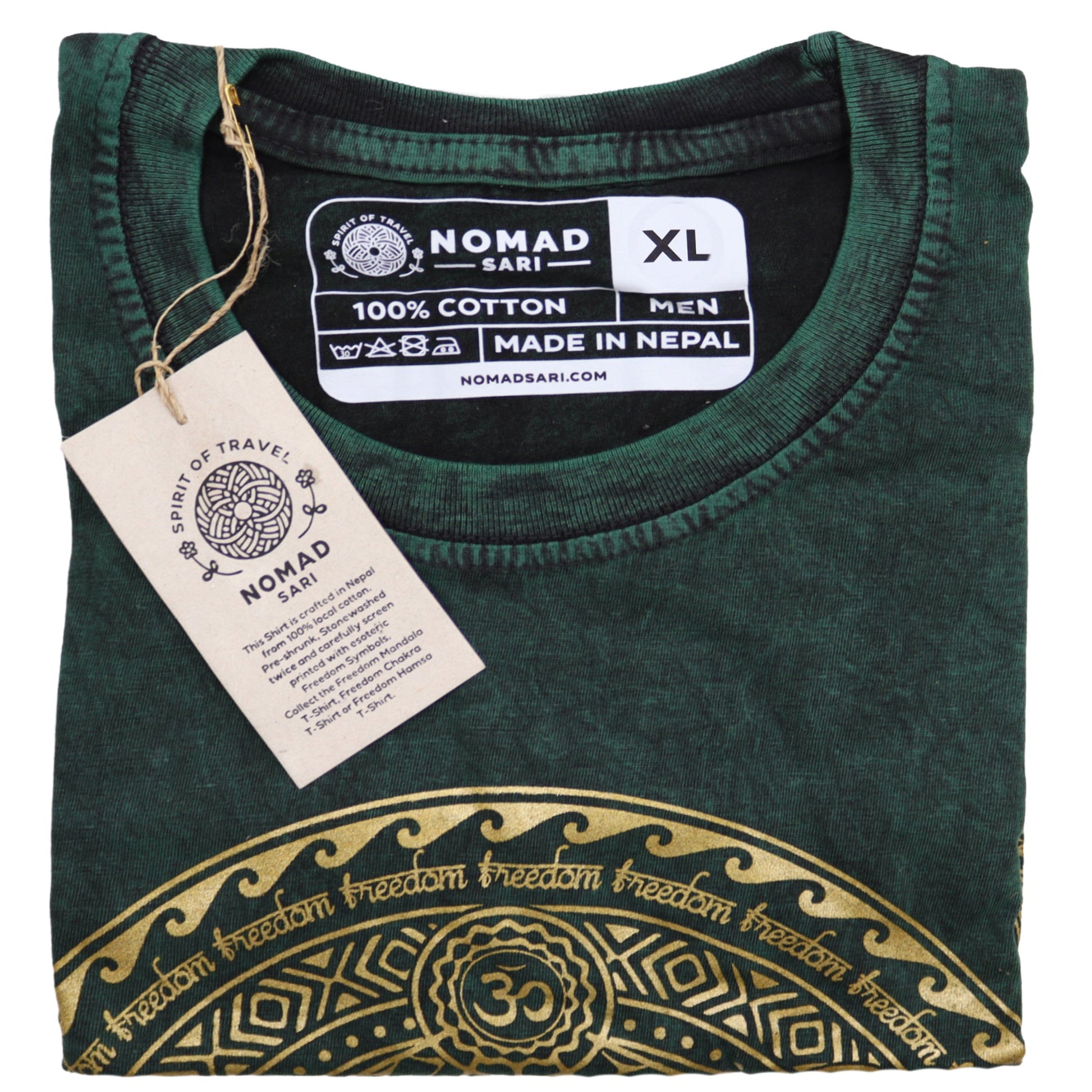Nomad Sari Unisex Eco-Friendly 100% Cotton Stone Washed T-Shirt - Extra Large / Unisex / Chakra / Green product packaging on clean background from Quintessential Holistic Health Ltd