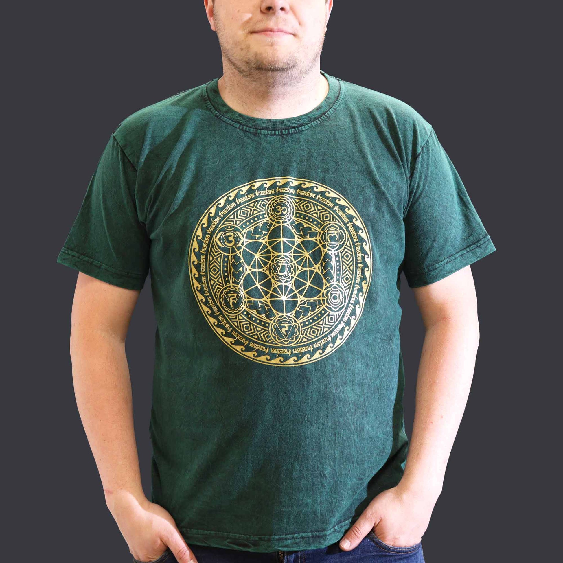 Nomad Sari Unisex Eco-Friendly 100% Cotton Stone Washed T-Shirt - Extra Large / Unisex / Chakra / Green product packaging on clean background from Quintessential Holistic Health Ltd