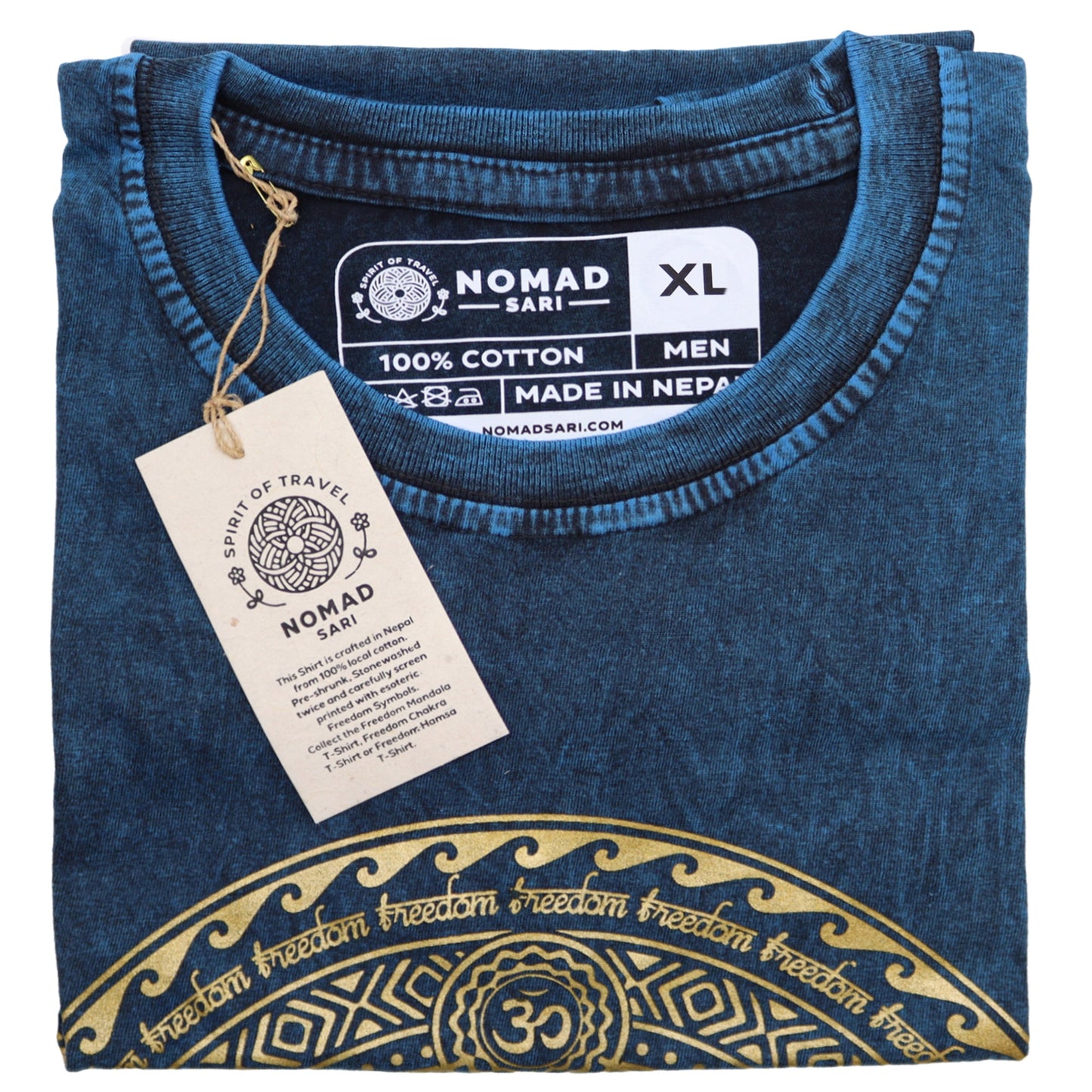 Nomad Sari Unisex Eco-Friendly 100% Cotton Stone Washed T-Shirt - Extra Large / Unisex / Chakra / Blue product packaging on clean background from Quintessential Holistic Health Ltd