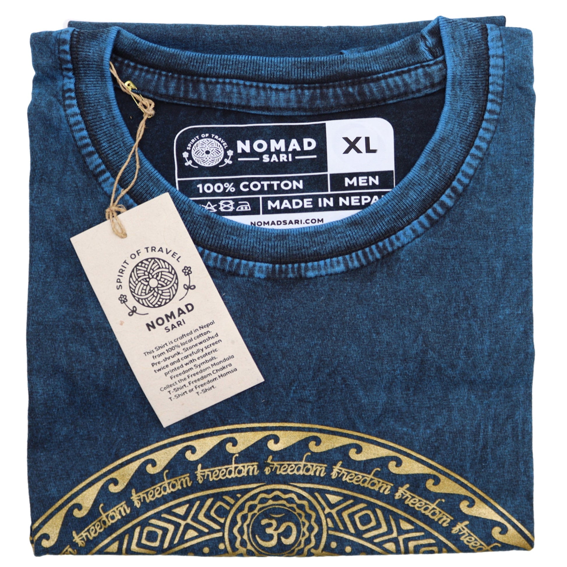 Nomad Sari Unisex Eco-Friendly 100% Cotton Stone Washed T-Shirt - Extra Large / Unisex / Chakra / Blue product packaging on clean background from Quintessential Holistic Health Ltd