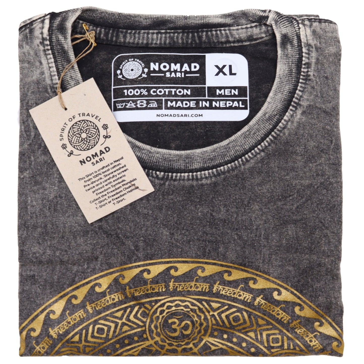 Nomad Sari Unisex Eco-Friendly 100% Cotton Stone Washed T-Shirt - Extra Large / Unisex / Chakra / Dark Grey product packaging on clean background from Quintessential Holistic Health Ltd