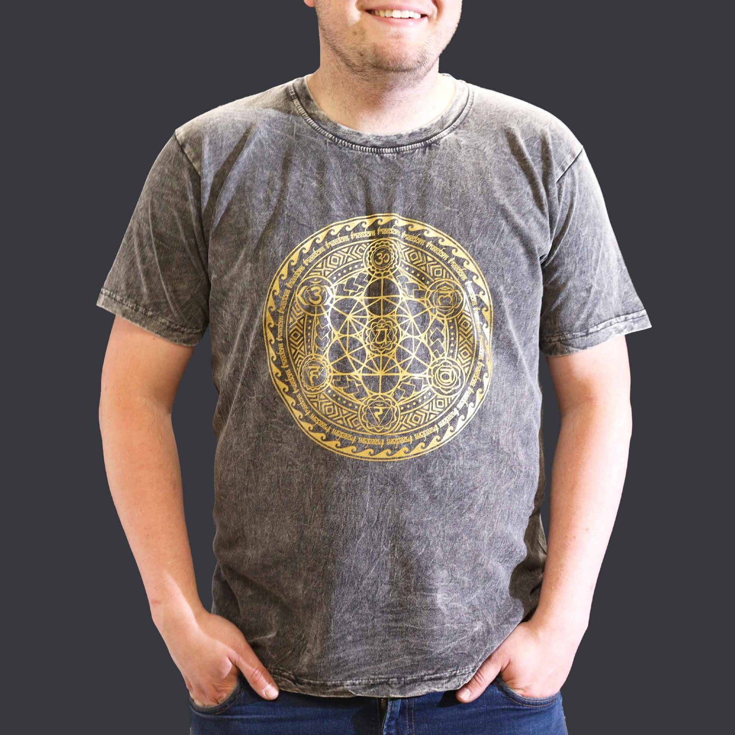 Nomad Sari Unisex Eco-Friendly 100% Cotton Stone Washed T-Shirt - Extra Large / Unisex / Chakra / Dark Grey product packaging on clean background from Quintessential Holistic Health Ltd