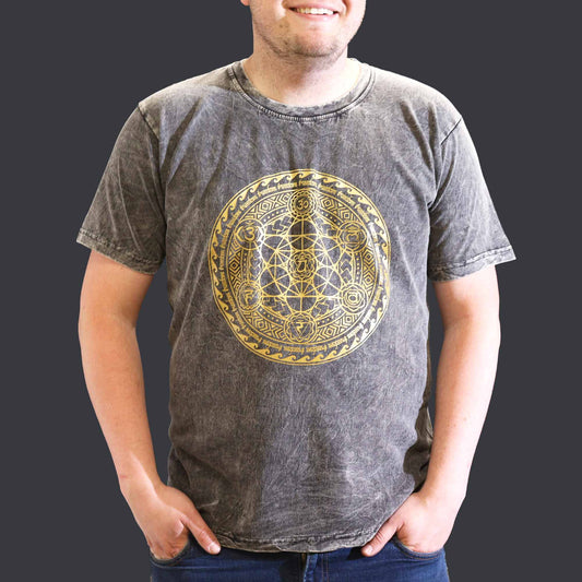 Nomad Sari Unisex Eco-Friendly 100% Cotton Stone Washed T-Shirt - Extra Large / Unisex / Chakra / Dark Grey product packaging on clean background from Quintessential Holistic Health Ltd