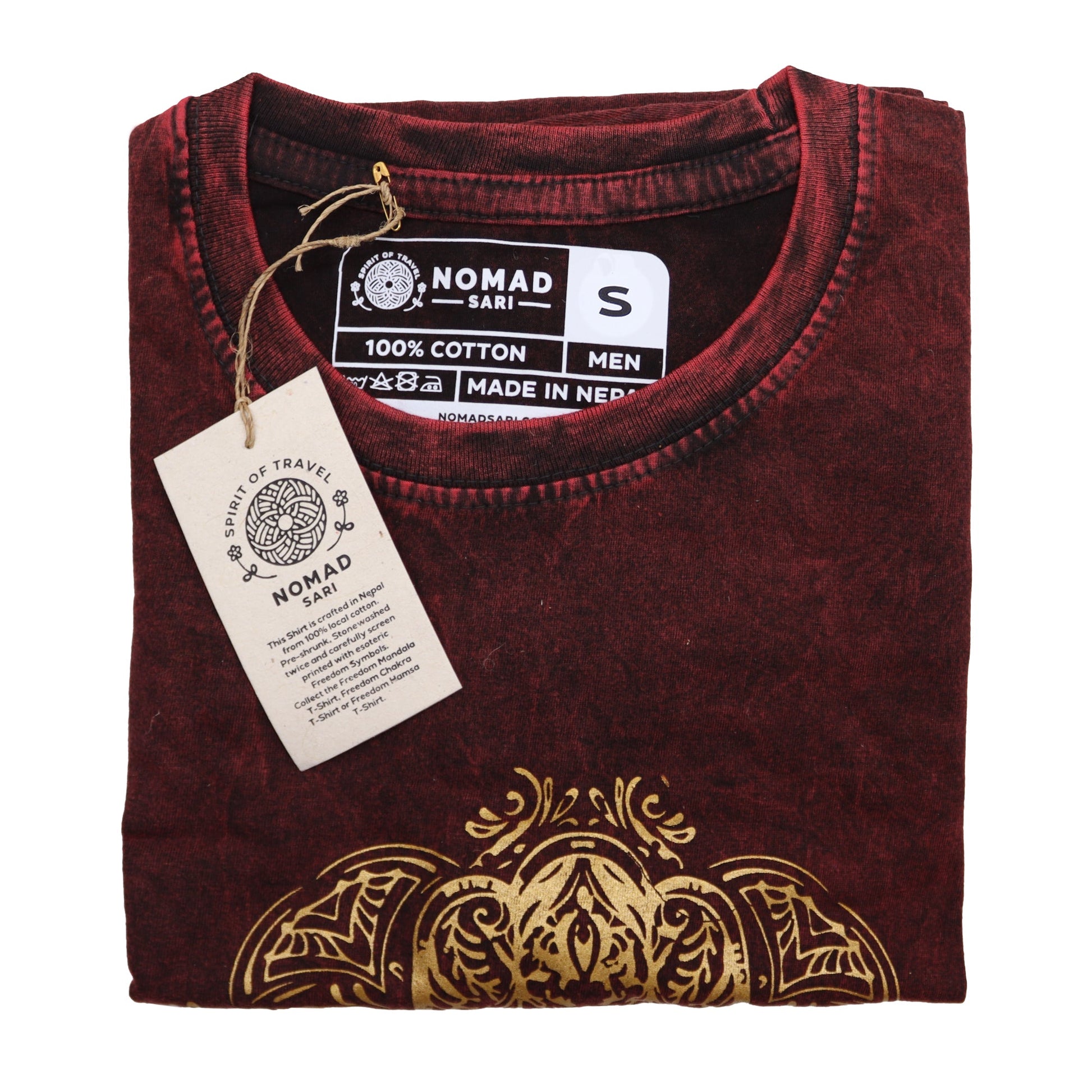 Nomad Sari Unisex Eco-Friendly 100% Cotton Stone Washed T-Shirt - Small / Unisex / Hamsa / Maroon product packaging on clean background from Quintessential Holistic Health Ltd