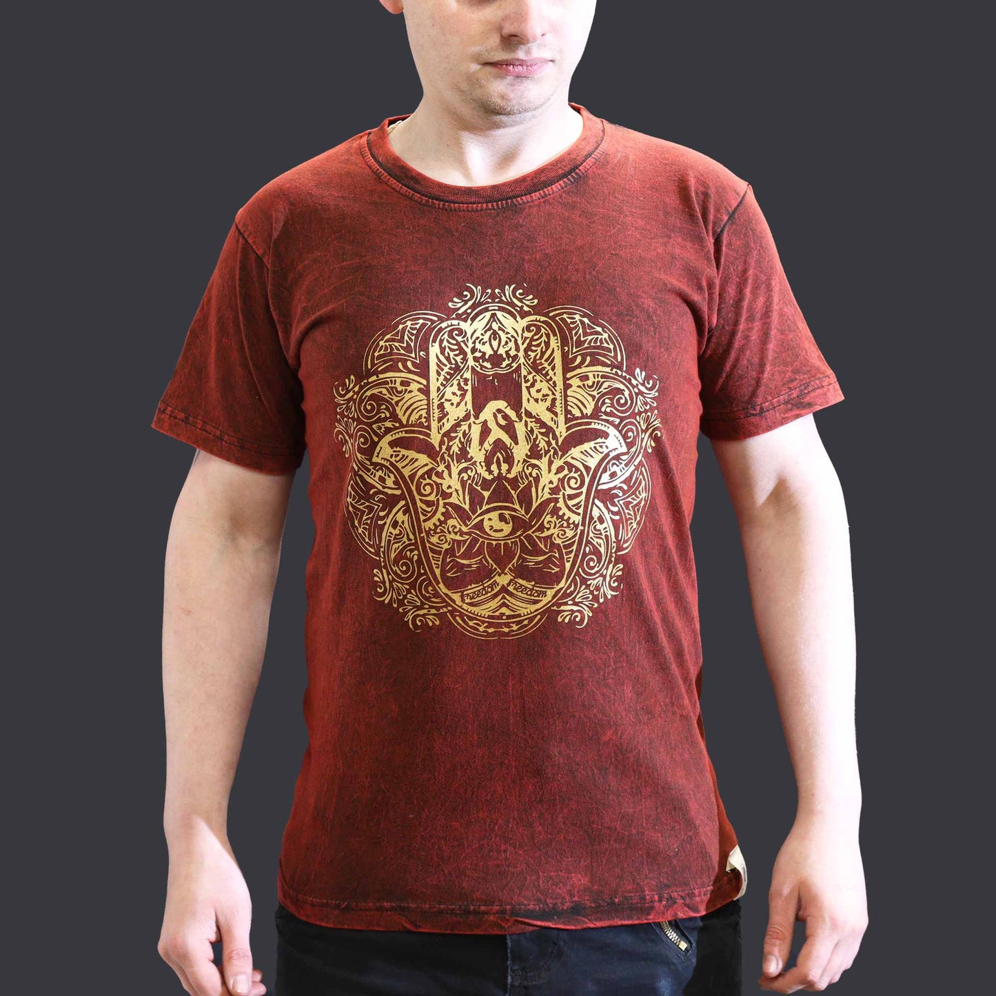 Nomad Sari Unisex Eco-Friendly 100% Cotton Stone Washed T-Shirt - Small / Unisex / Hamsa / Maroon product packaging on clean background from Quintessential Holistic Health Ltd