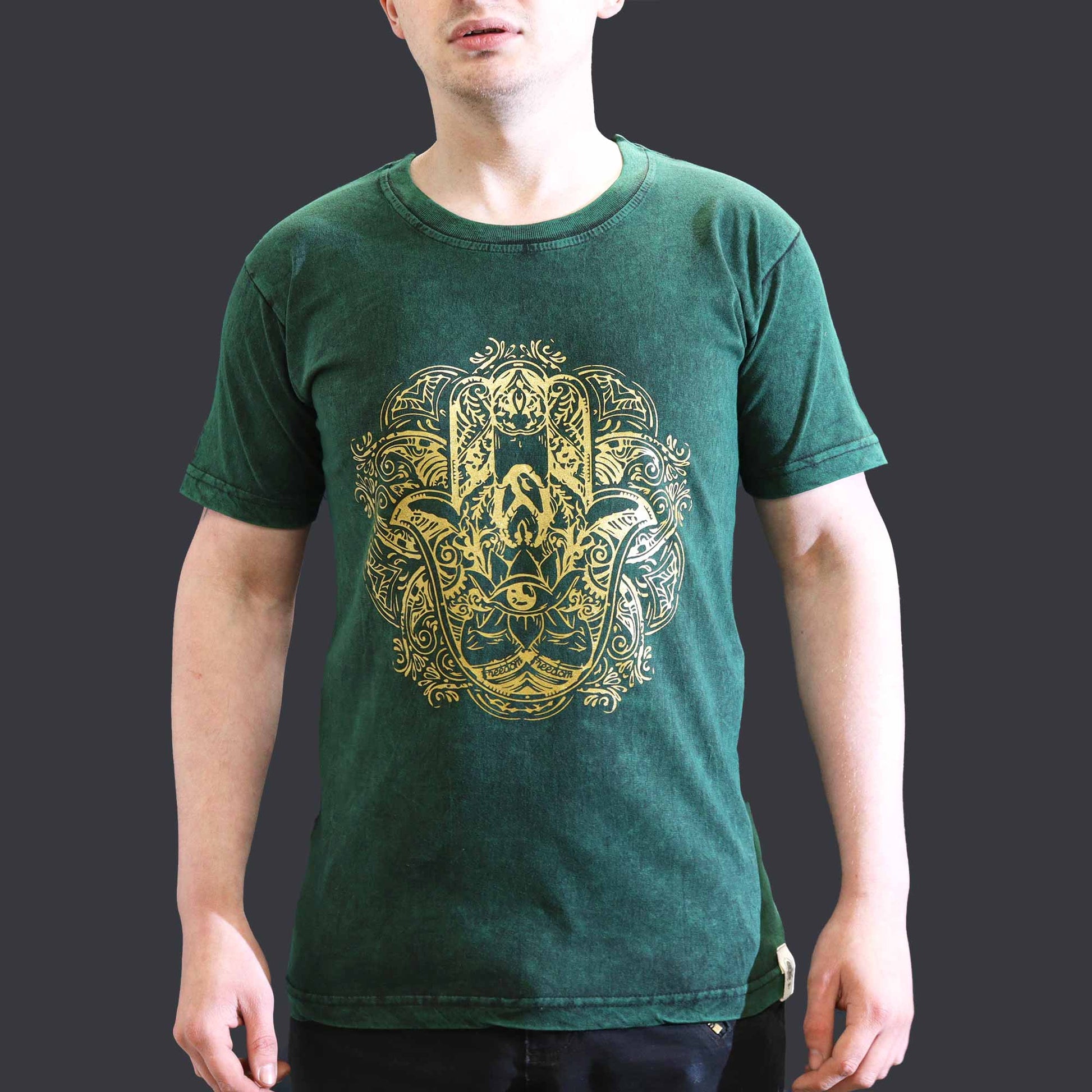 Nomad Sari Unisex Eco-Friendly 100% Cotton Stone Washed T-Shirt - Small / Unisex / Hamsa / Green product packaging on clean background from Quintessential Holistic Health Ltd