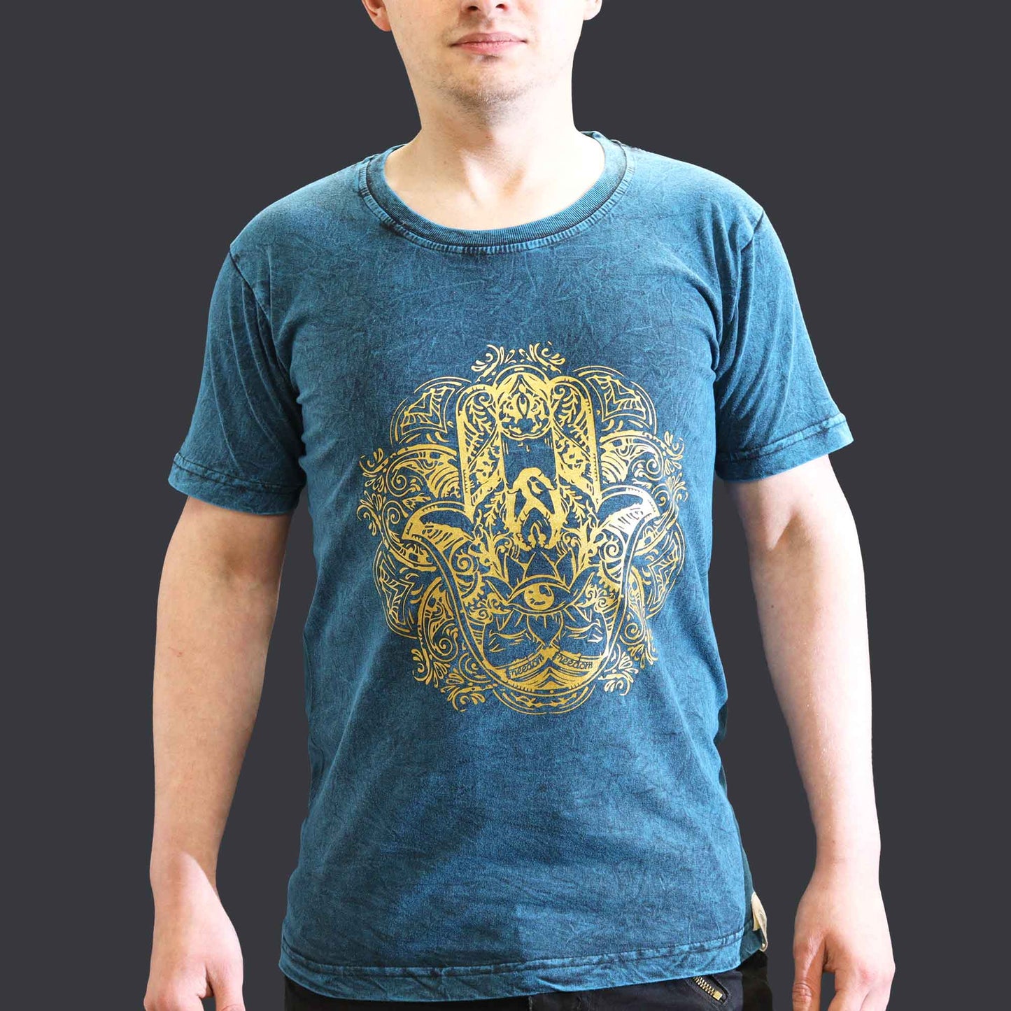 Nomad Sari Unisex Eco-Friendly 100% Cotton Stone Washed T-Shirt - Small / Unisex / Hamsa / Blue product packaging on clean background from Quintessential Holistic Health Ltd