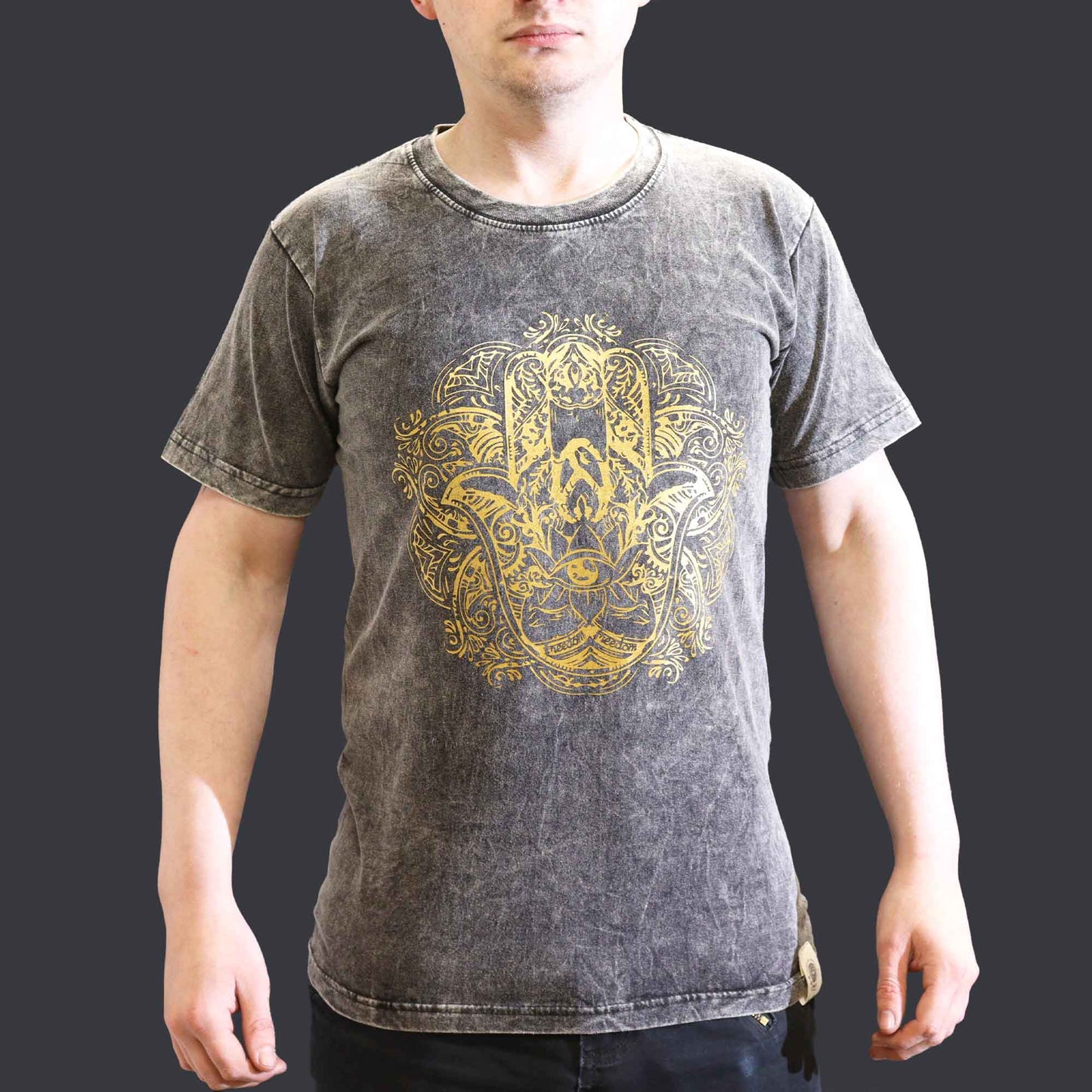 Nomad Sari Unisex Eco-Friendly 100% Cotton Stone Washed T-Shirt - Small / Unisex / Hamsa / Dark Grey product packaging on clean background from Quintessential Holistic Health Ltd
