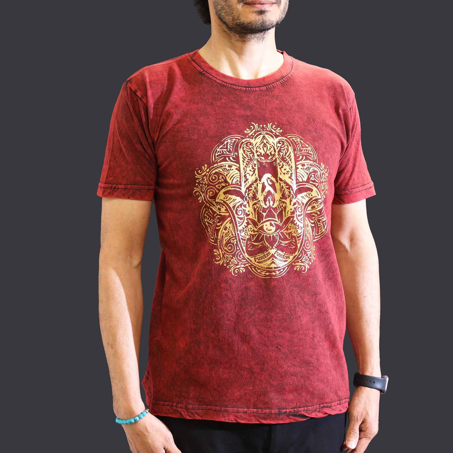 Nomad Sari Unisex Eco-Friendly 100% Cotton Stone Washed T-Shirt - Medium / Unisex / Hamsa / Maroon product packaging on clean background from Quintessential Holistic Health Ltd