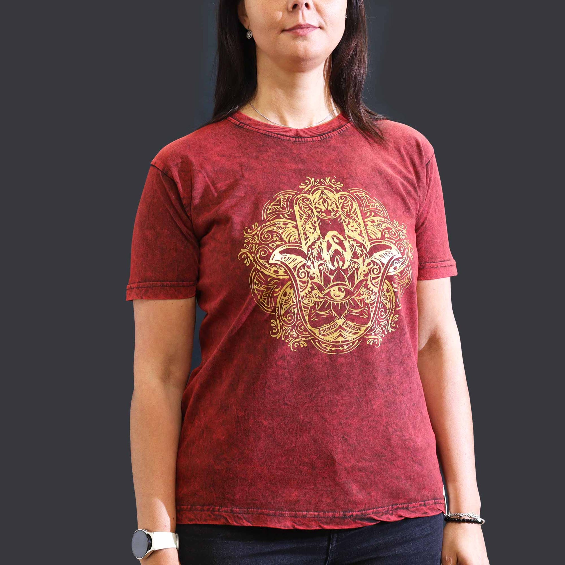 Nomad Sari Unisex Eco-Friendly 100% Cotton Stone Washed T-Shirt - Medium / Unisex / Hamsa / Maroon product packaging on clean background from Quintessential Holistic Health Ltd