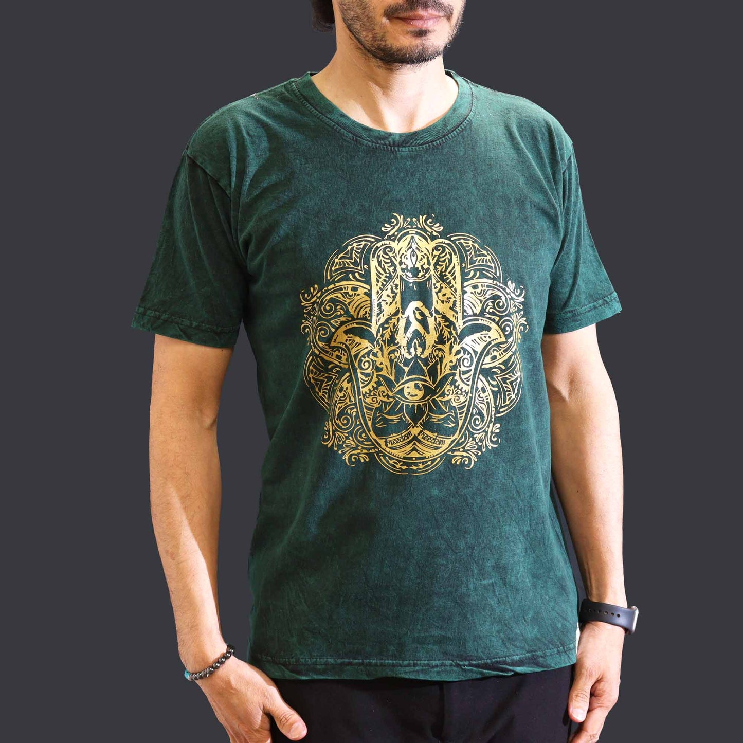 Nomad Sari Unisex Eco-Friendly 100% Cotton Stone Washed T-Shirt - Medium / Unisex / Hamsa / Green product packaging on clean background from Quintessential Holistic Health Ltd