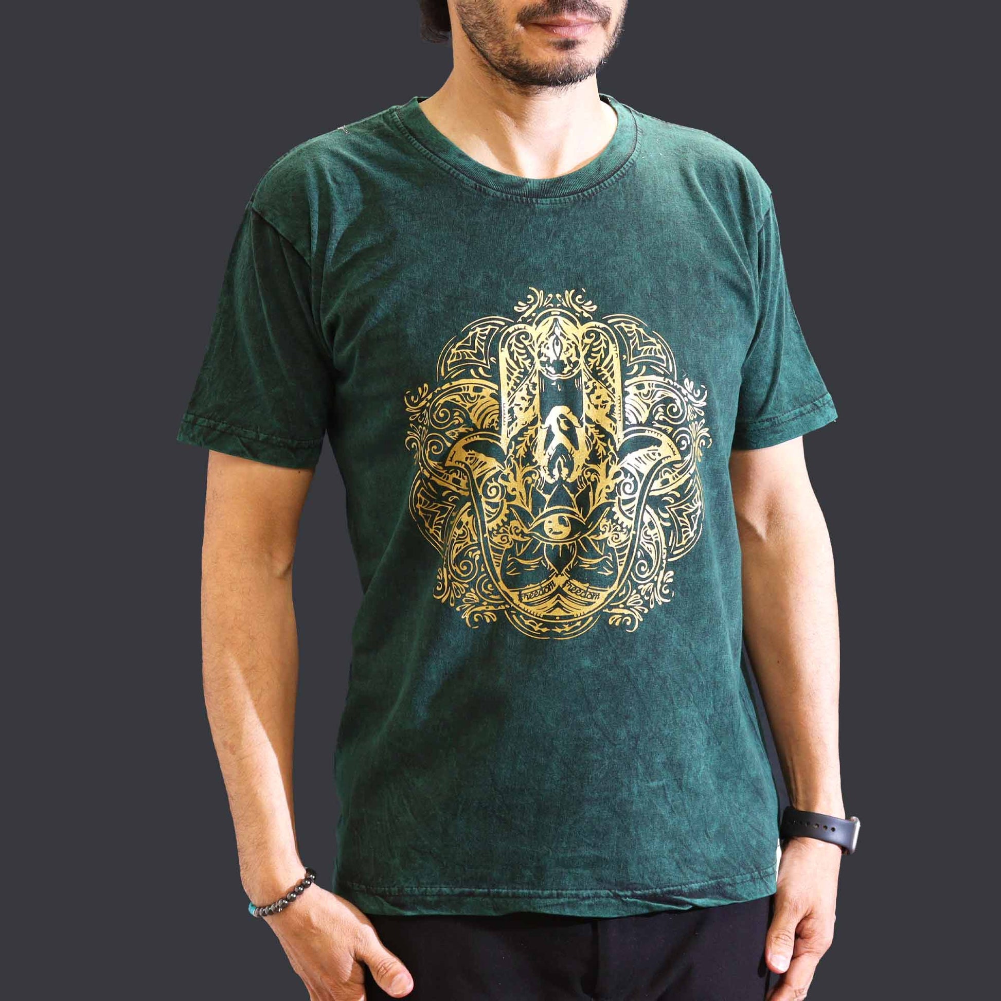 Nomad Sari Unisex Eco-Friendly 100% Cotton Stone Washed T-Shirt - Medium / Unisex / Hamsa / Green product packaging on clean background from Quintessential Holistic Health Ltd