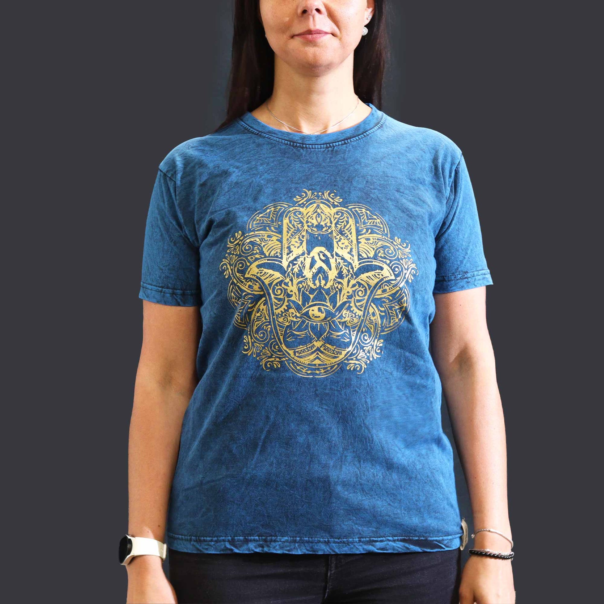 Nomad Sari Unisex Eco-Friendly 100% Cotton Stone Washed T-Shirt - Medium / Unisex / Hamsa / Blue product packaging on clean background from Quintessential Holistic Health Ltd