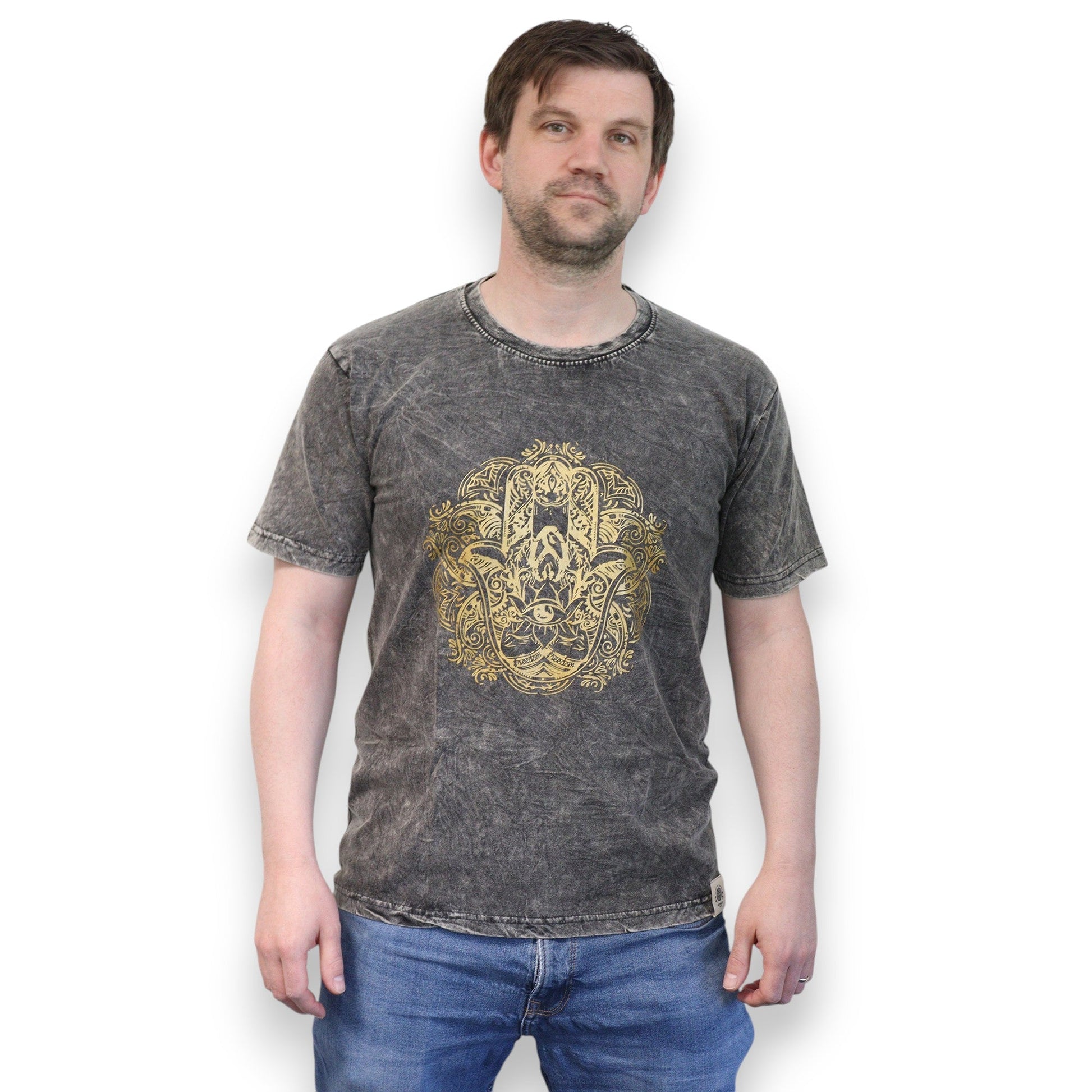 Nomad Sari Unisex Eco-Friendly 100% Cotton Stone Washed T-Shirt - Medium / Unisex / Hamsa / Dark Grey product packaging on clean background from Quintessential Holistic Health Ltd