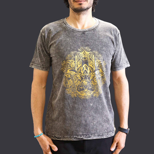 Nomad Sari Unisex Eco-Friendly 100% Cotton Stone Washed T-Shirt - Medium / Unisex / Hamsa / Dark Grey product packaging on clean background from Quintessential Holistic Health Ltd