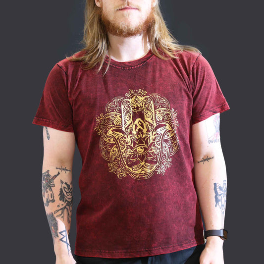 Nomad Sari Unisex Eco-Friendly 100% Cotton Stone Washed T-Shirt - Large / Unisex / Hamsa / Maroon product packaging on clean background from Quintessential Holistic Health Ltd