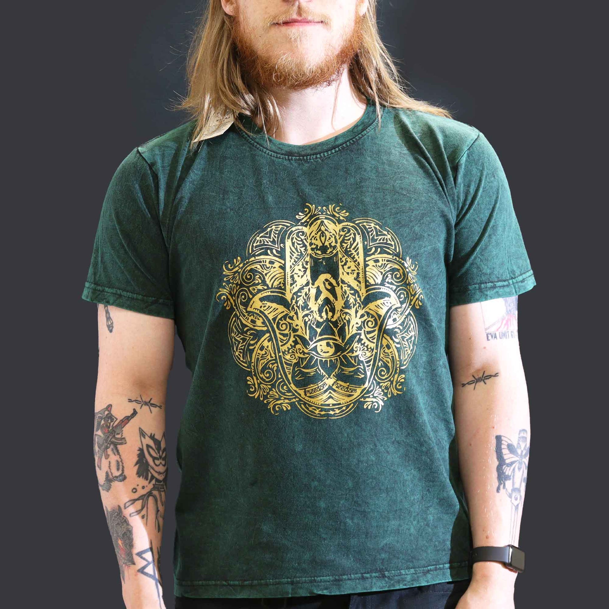 Nomad Sari Unisex Eco-Friendly 100% Cotton Stone Washed T-Shirt - Large / Unisex / Hamsa / Green product packaging on clean background from Quintessential Holistic Health Ltd