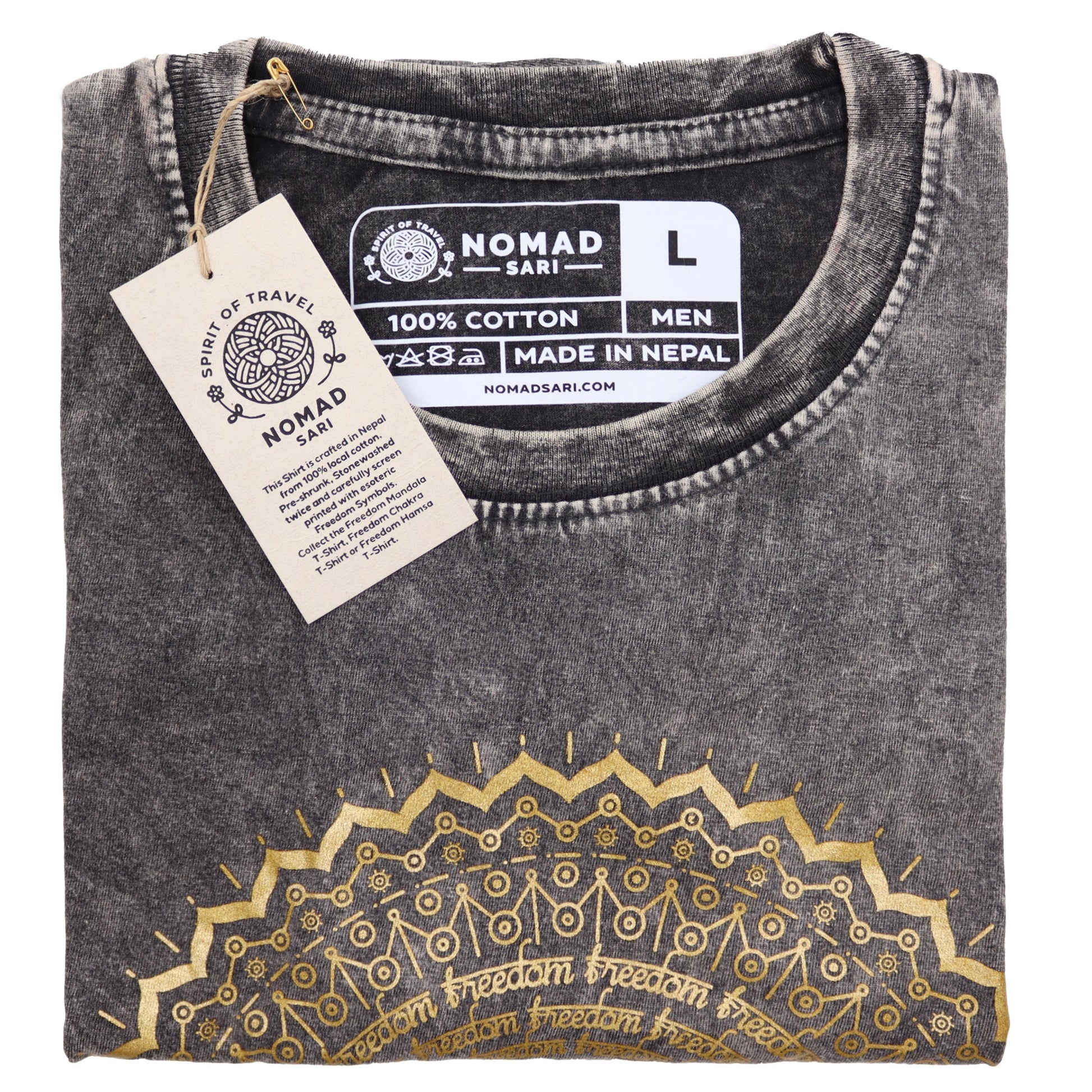 Nomad Sari Unisex Eco-Friendly 100% Cotton Stone Washed T-Shirt - Large / Unisex / Hamsa / Dark Grey product packaging on clean background from Quintessential Holistic Health Ltd