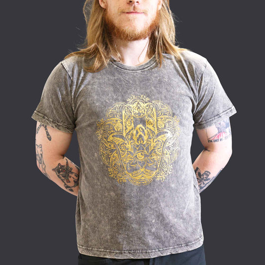 Nomad Sari Unisex Eco-Friendly 100% Cotton Stone Washed T-Shirt - Large / Unisex / Hamsa / Dark Grey product packaging on clean background from Quintessential Holistic Health Ltd