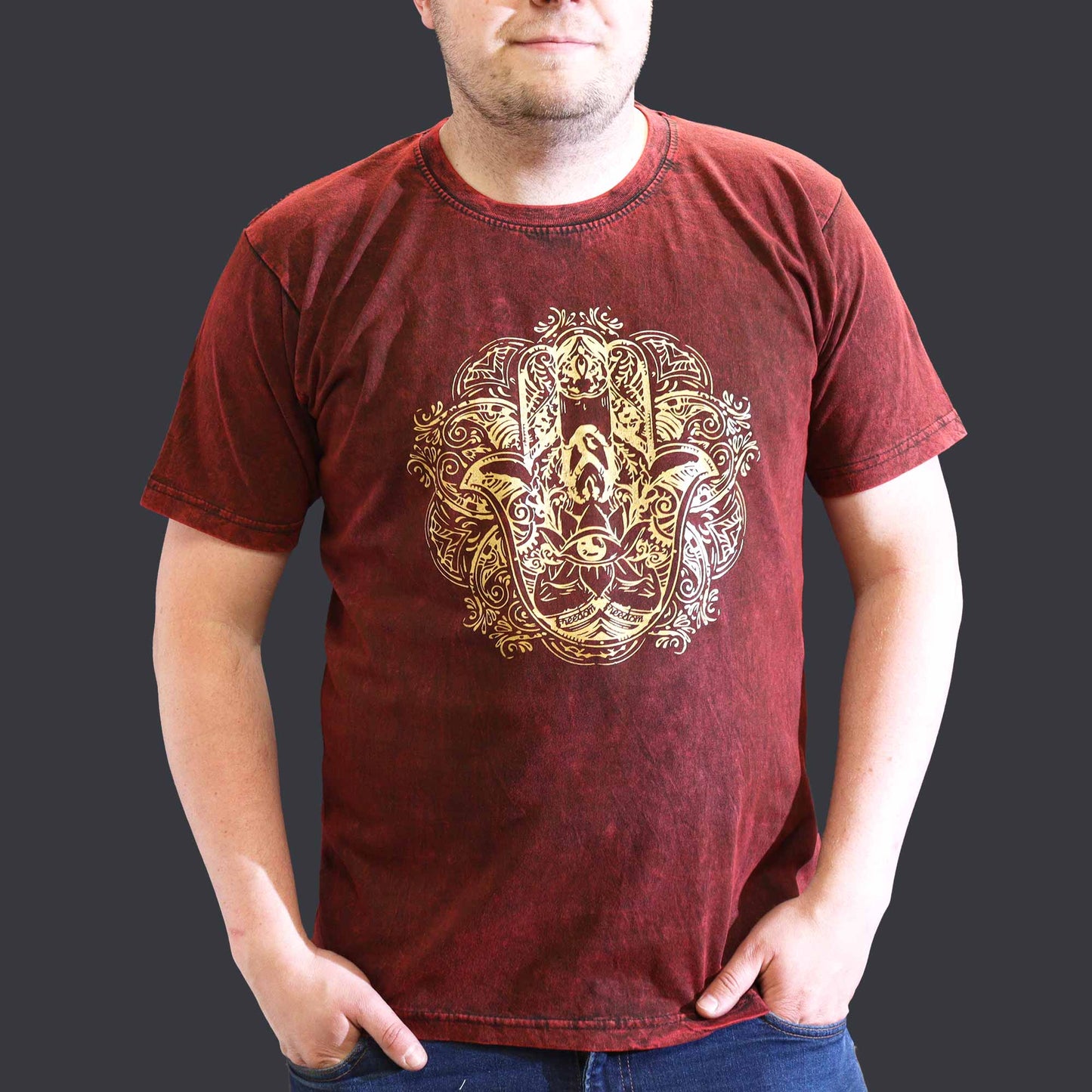Nomad Sari Unisex Eco-Friendly 100% Cotton Stone Washed T-Shirt - Extra Large / Unisex / Hamsa / Maroon product packaging on clean background from Quintessential Holistic Health Ltd