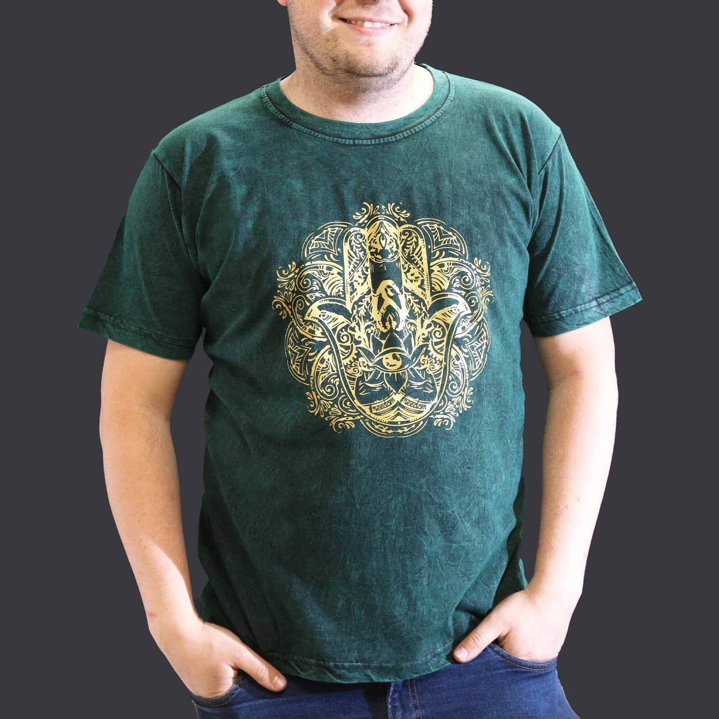Nomad Sari Unisex Eco-Friendly 100% Cotton Stone Washed T-Shirt - Extra Large / Unisex / Hamsa / Green product packaging on clean background from Quintessential Holistic Health Ltd