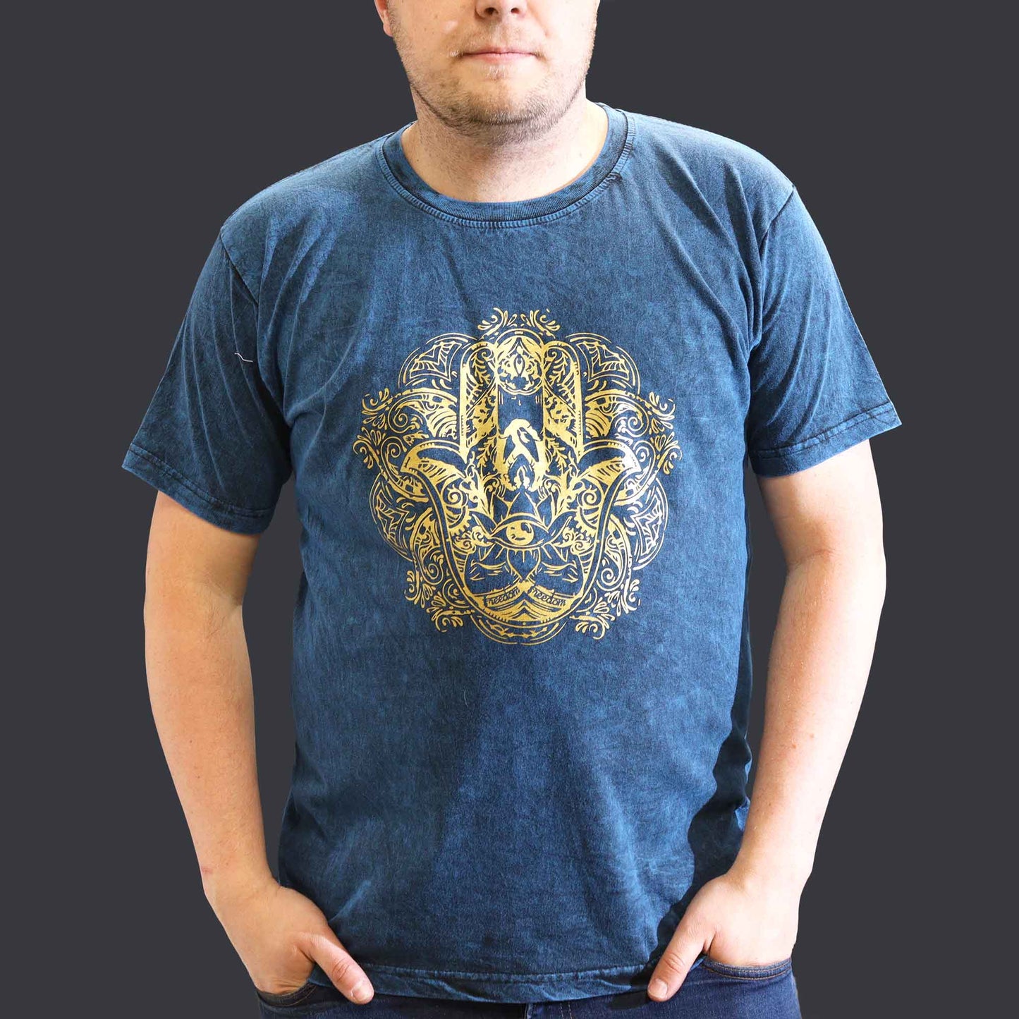 Nomad Sari Unisex Eco-Friendly 100% Cotton Stone Washed T-Shirt - Extra Large / Unisex / Hamsa / Blue product packaging on clean background from Quintessential Holistic Health Ltd