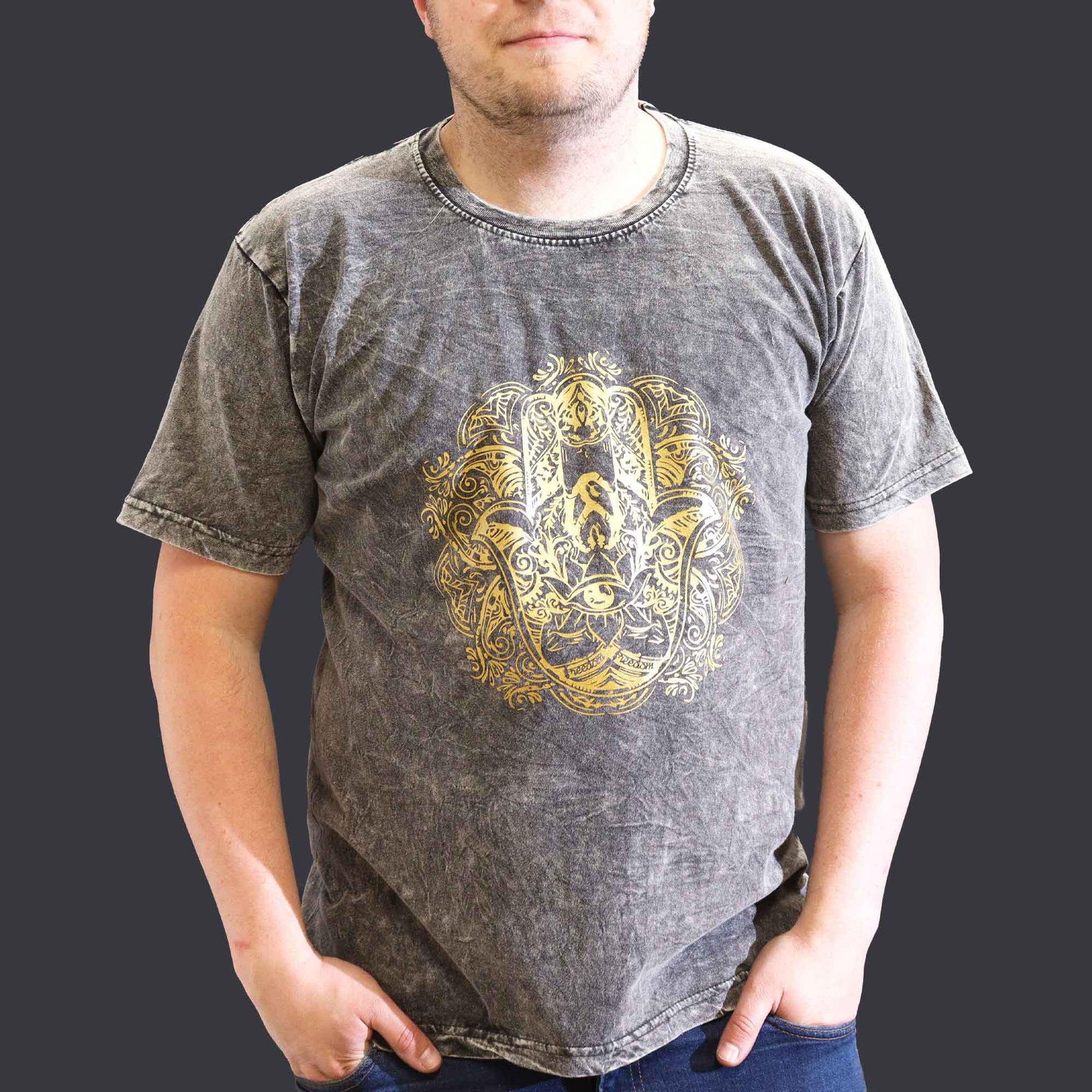Nomad Sari Unisex Eco-Friendly 100% Cotton Stone Washed T-Shirt - Extra Large / Unisex / Hamsa / Dark Grey product packaging on clean background from Quintessential Holistic Health Ltd