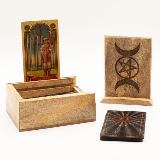 Eco-Friendly Mango Wooden Tarot Box with Card Holder - Single Section product packaging on clean background from Quintessential Holistic Health Ltd