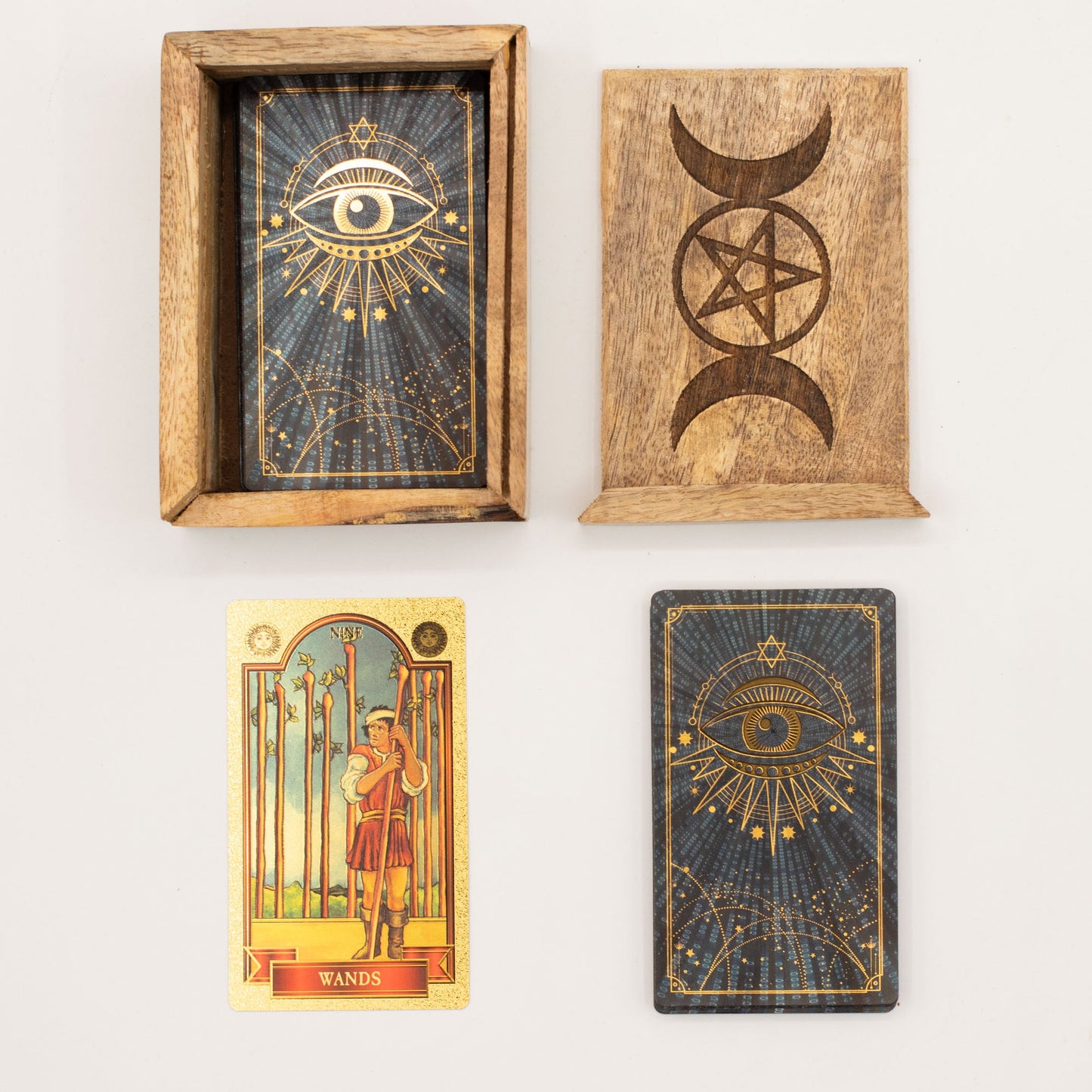 Eco-Friendly Mango Wooden Tarot Box with Card Holder - Single Section product packaging on clean background from Quintessential Holistic Health Ltd