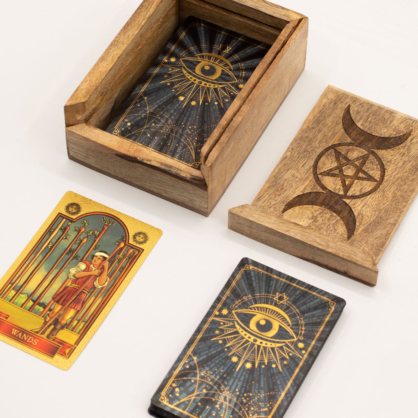 Eco-Friendly Mango Wooden Tarot Box with Card Holder - Single Section product packaging on clean background from Quintessential Holistic Health Ltd