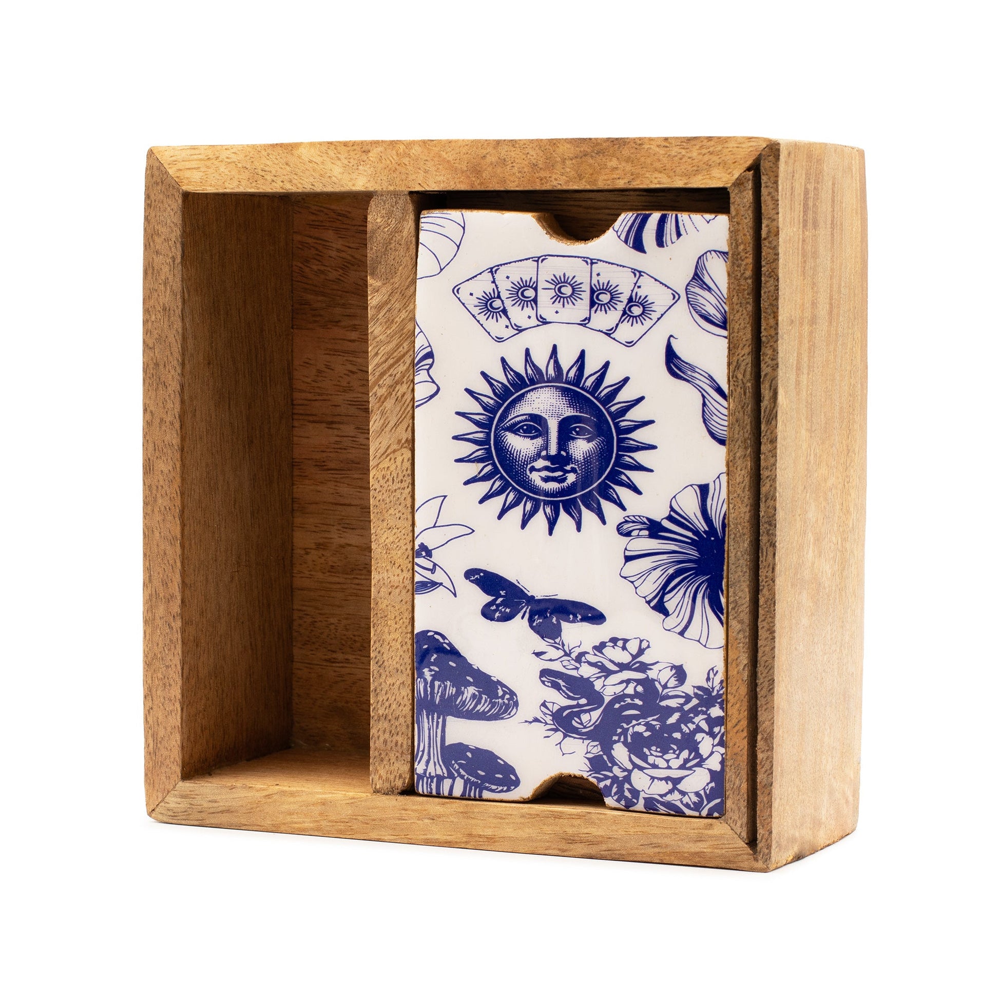 Eco-Friendly Mango Wooden Tarot Box with Card Holder - Two Section product packaging on clean background from Quintessential Holistic Health Ltd