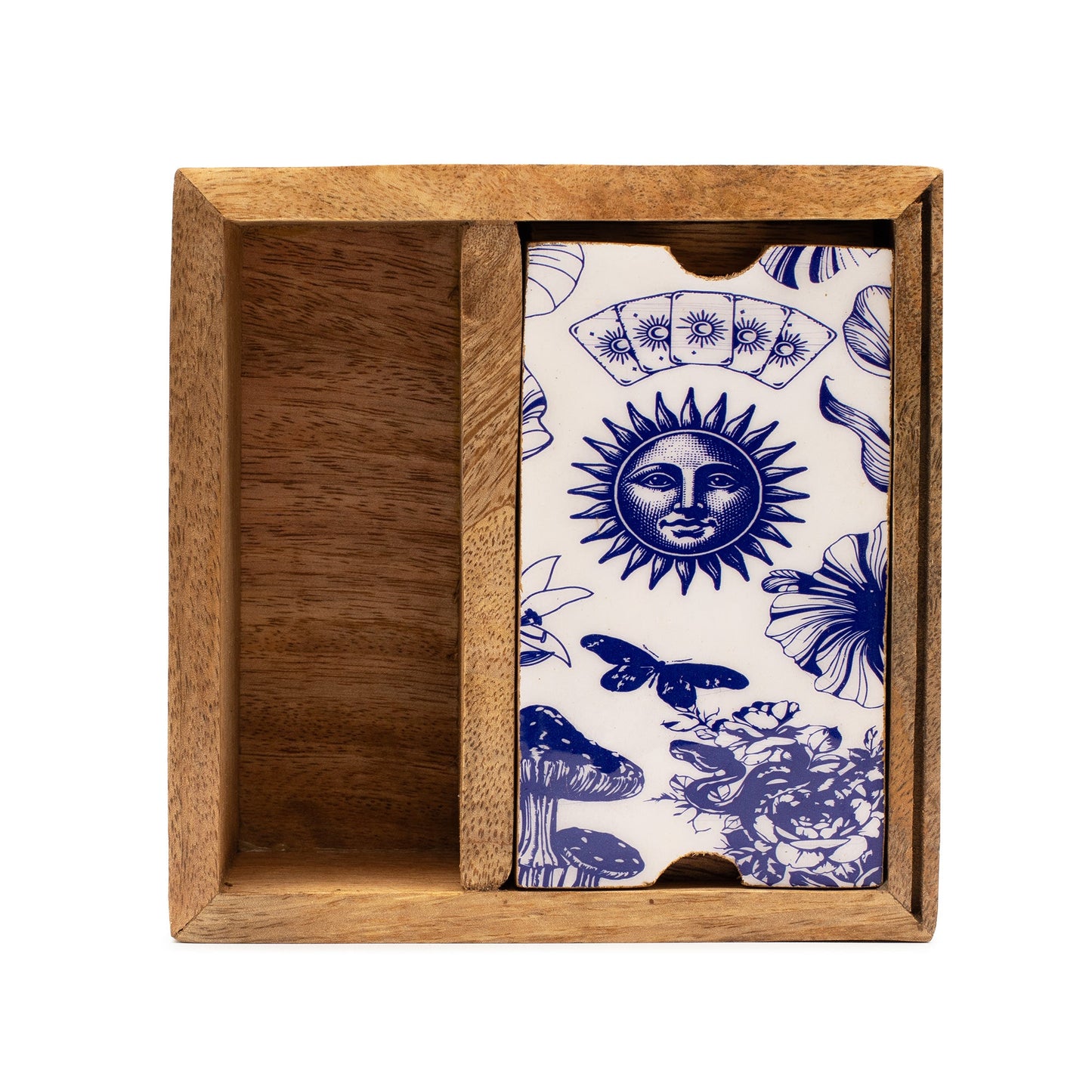Eco-Friendly Mango Wooden Tarot Box with Card Holder - Two Section product packaging on clean background from Quintessential Holistic Health Ltd