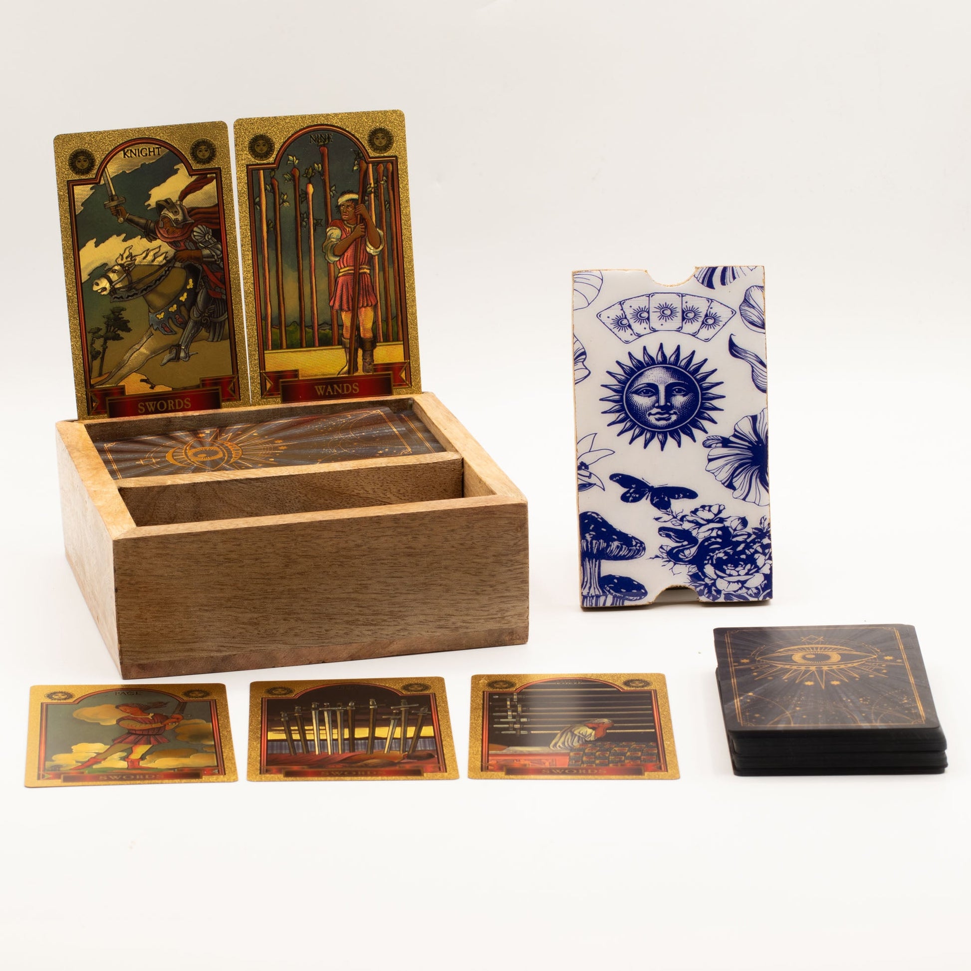Eco-Friendly Mango Wooden Tarot Box with Card Holder - Two Section product packaging on clean background from Quintessential Holistic Health Ltd