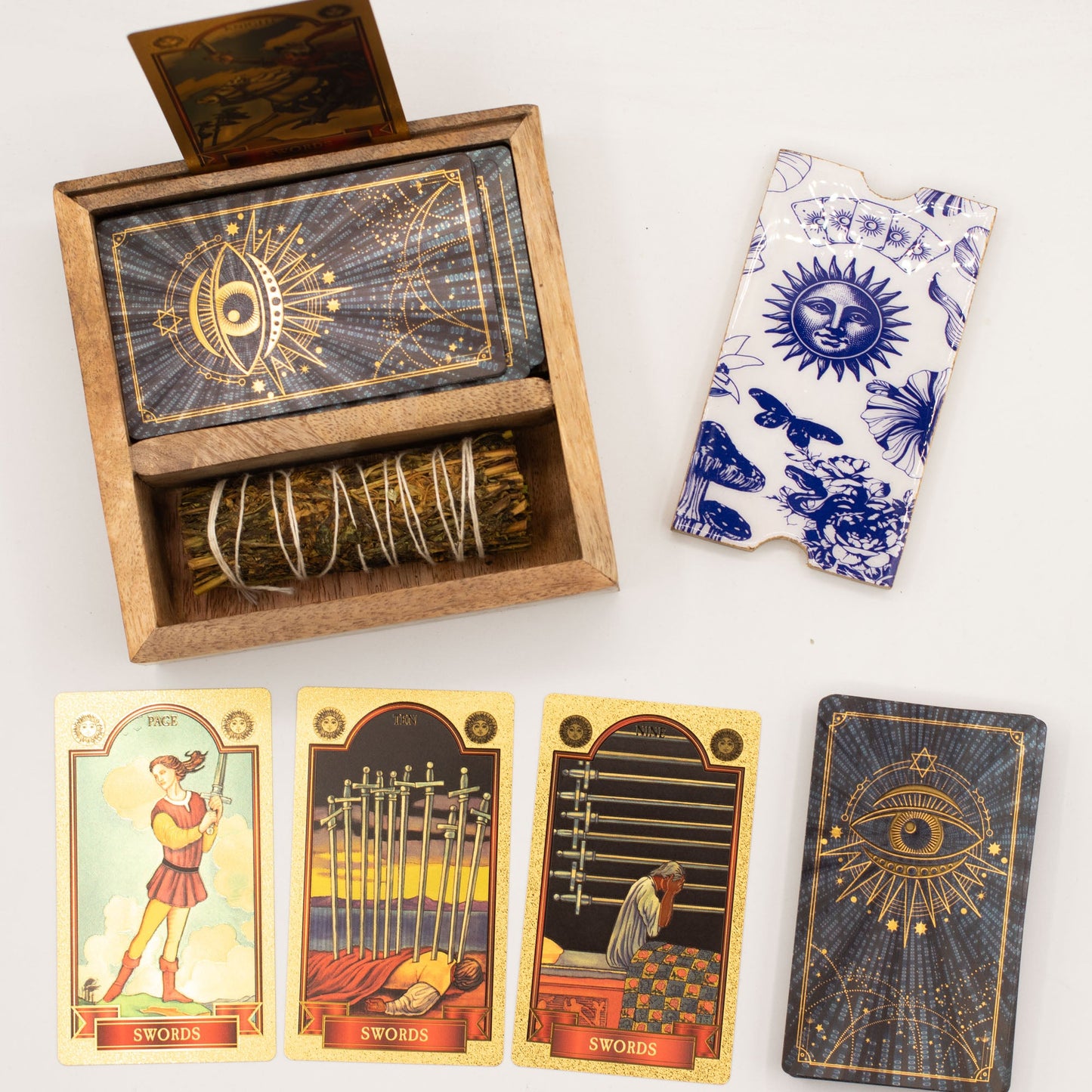 Eco-Friendly Mango Wooden Tarot Box with Card Holder - Two Section product packaging on clean background from Quintessential Holistic Health Ltd