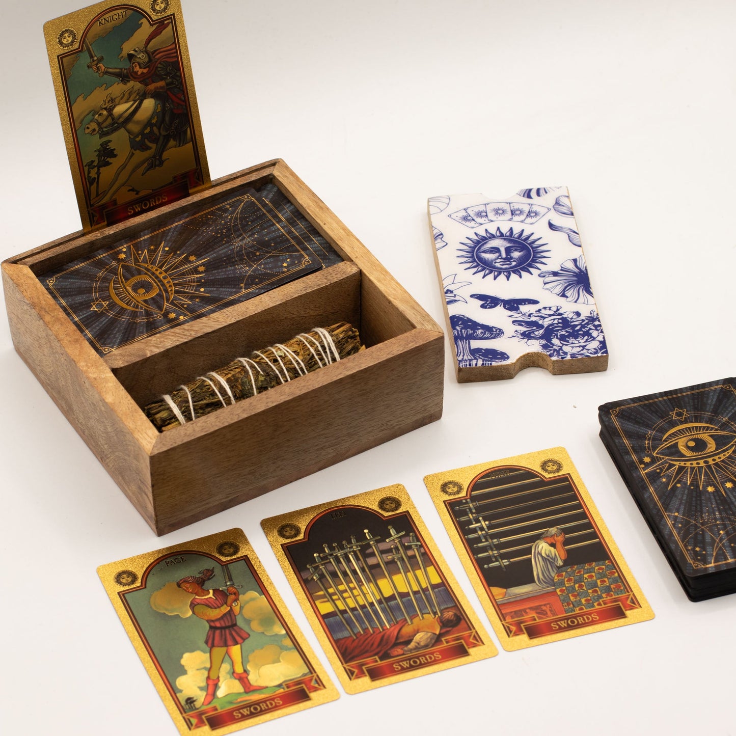 Eco-Friendly Mango Wooden Tarot Box with Card Holder - Two Section product packaging on clean background from Quintessential Holistic Health Ltd